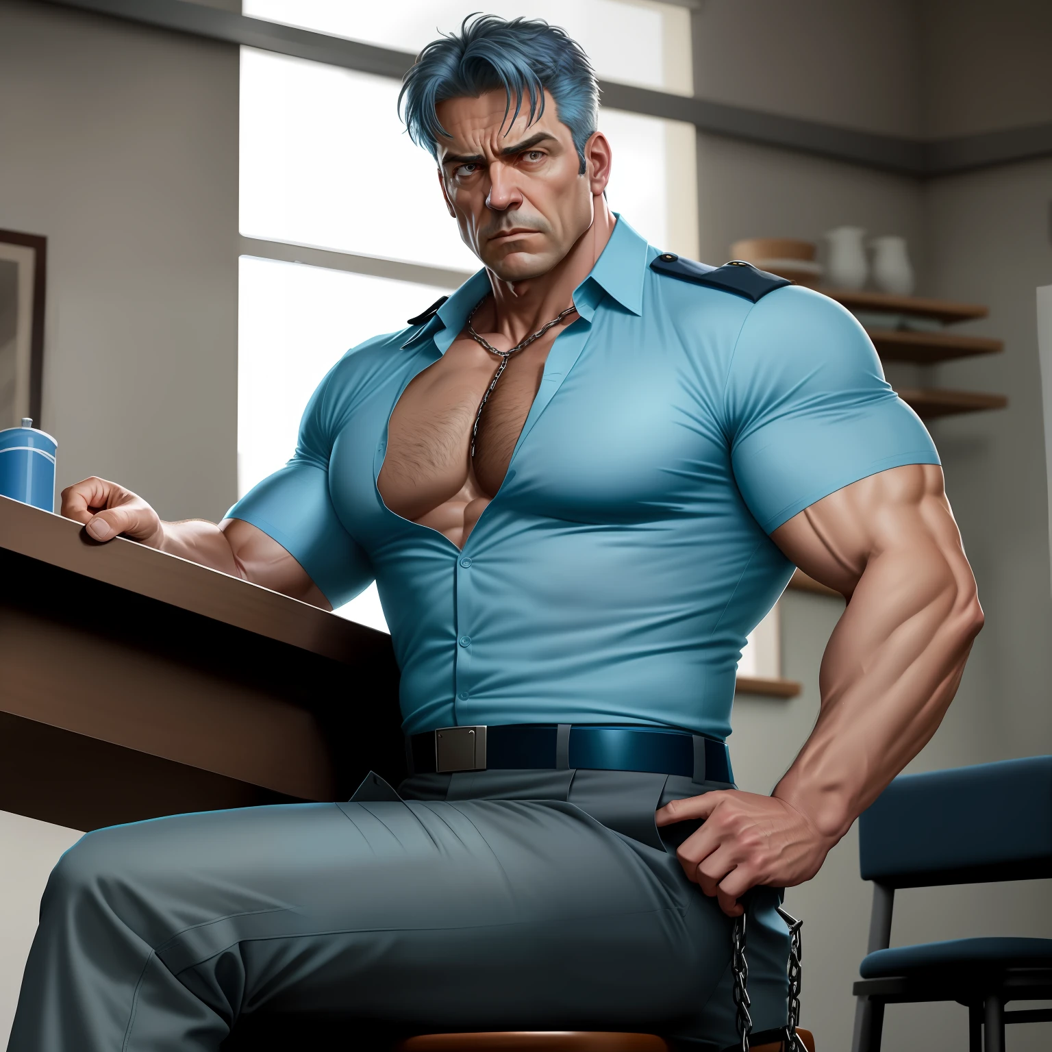 The male uncle Banner in the Avengers，Wearing a light blue police uniform shirt，shirt open，Show strong pectoral muscles，Hands tied，sitting on a stool，The thighs are peeled apart，The trouser chain is pulled undone，Shorts exposed，Be red in the face，Very disdainful，Raised