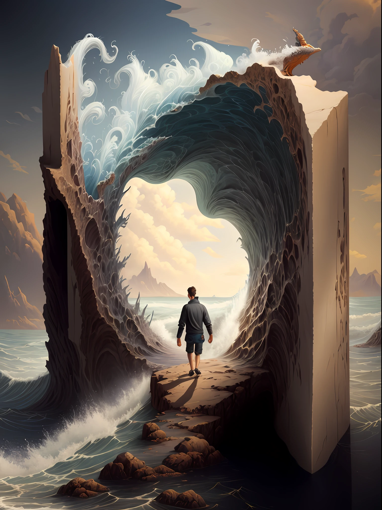 Arafeld Book,A man walks on the beach,A wave emerged from it, fantasy book illustration, cyril rolando and m. Kaluta, cyril rolando and m.Kaluta, art concept for a book cover, surrealistic digital artwork, detailed book illustration, hyper-realistic illustration, 3 d epic illustrations, Inspired by Cyril Rolando