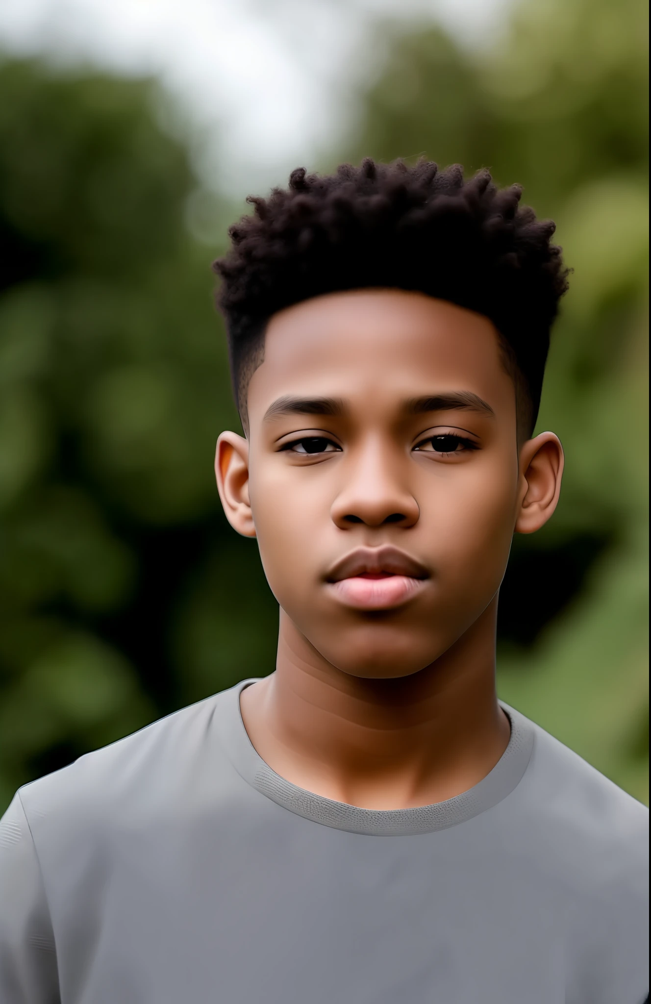 Black boy, thin face, has slightly pink lips, has dark brown eyes and slightly clenched, small nose and is 17 years old, is 1.68m tall, thin, has coiled hair very short,   short high skin