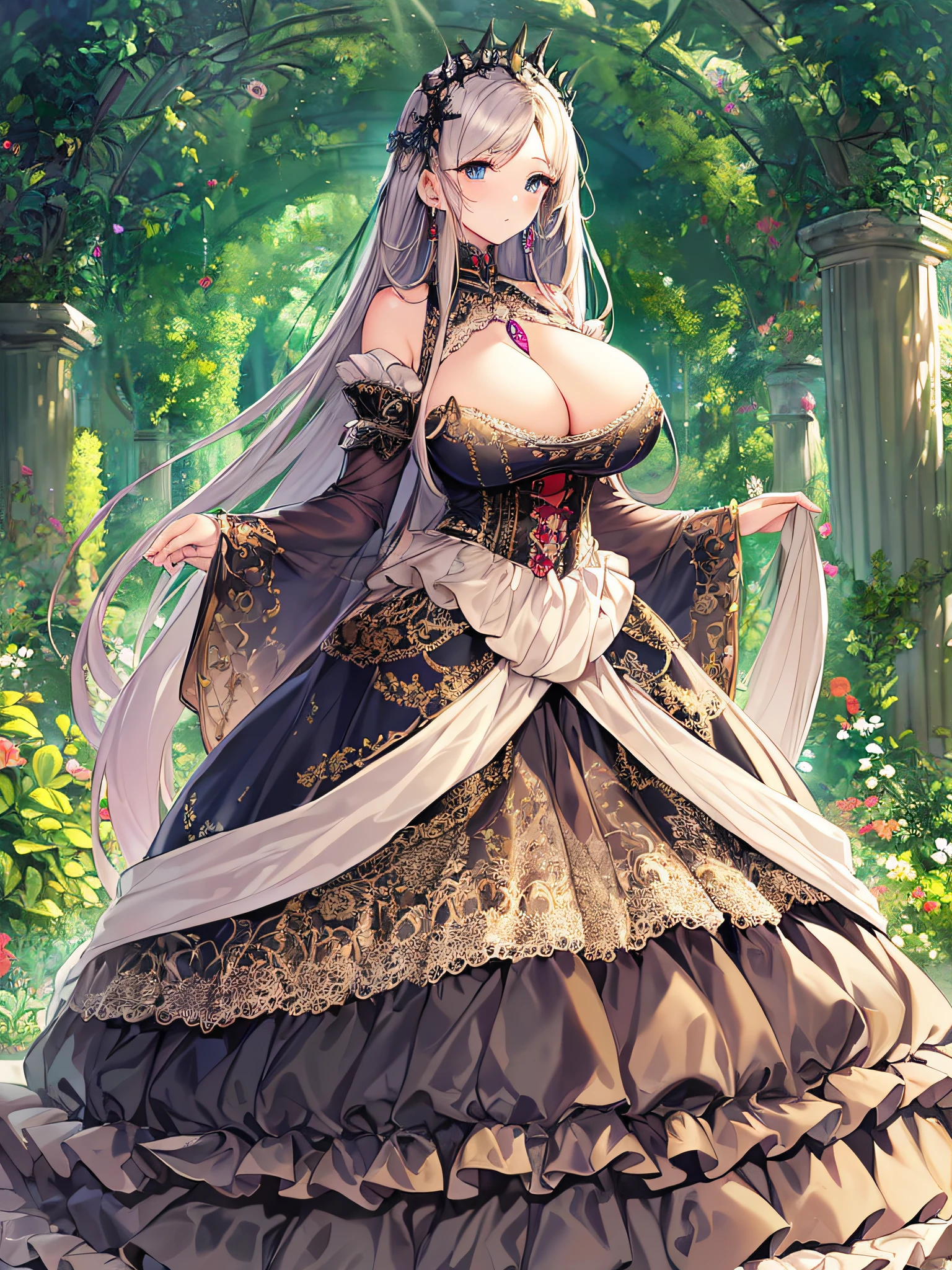 ((anime artstyle)),(Masterpiece),(Best Quality), (Super Detail),((Very Delicate and Beautiful)),(((Solo))),((full body)),(((1 girl in gorgeous gothic dress with voluminous full length hoop skirt))),Long train,(((gorgeous gemstone jewelry))),detailed face and eyes,jewel-like eyes,((extremely voluminous Very Long Hair,Straight Hair)),((gigantic tits,Long tits)),cleavage,(gorgeousfull embroidery and lace),gorgeous corsage,See-through,extremely gorgeousfull hair ornament,bling-bling extremely gorgeousfull jeweled tiara,ornate ruffles,(hoop skirt,crinoline),((Dynamic Angle)),Looking at viewer,outdoor,((beautiful detailed garden)),beautiful blooming flowers,((full body)),((extremely gorgeous gothic dress with voluminous full length hoop skirt))