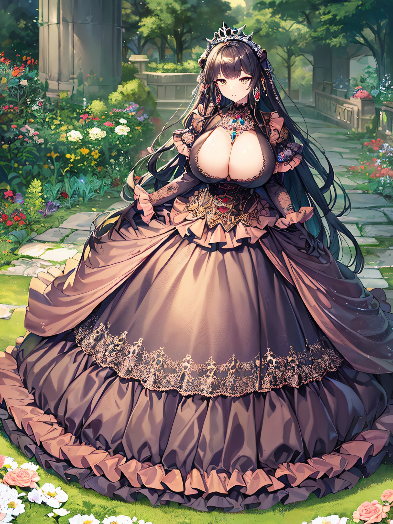 ((anime artstyle)),(Masterpiece),(Best Quality), (Super Detail),((Very Delicate and Beautiful)),(((Solo))),((full body)),(((1 girl in gorgeous gothic dress with voluminous full length hoop skirt))),Long train,(((gorgeous gemstone jewelry))),detailed face and eyes,jewel-like eyes,((extremely voluminous Very Long Hair,Straight Hair)),((gigantic tits,Long tits)),cleavage,(gorgeousfull embroidery and lace),gorgeous corsage,See-through,extremely gorgeousfull hair ornament,bling-bling extremely gorgeousfull jeweled tiara,ornate ruffles,(hoop skirt,crinoline),((Dynamic Angle)),Looking at viewer,outdoor,((beautiful detailed garden)),beautiful blooming flowers,((full body)),((extremely gorgeous gothic dress with voluminous full length hoop skirt))