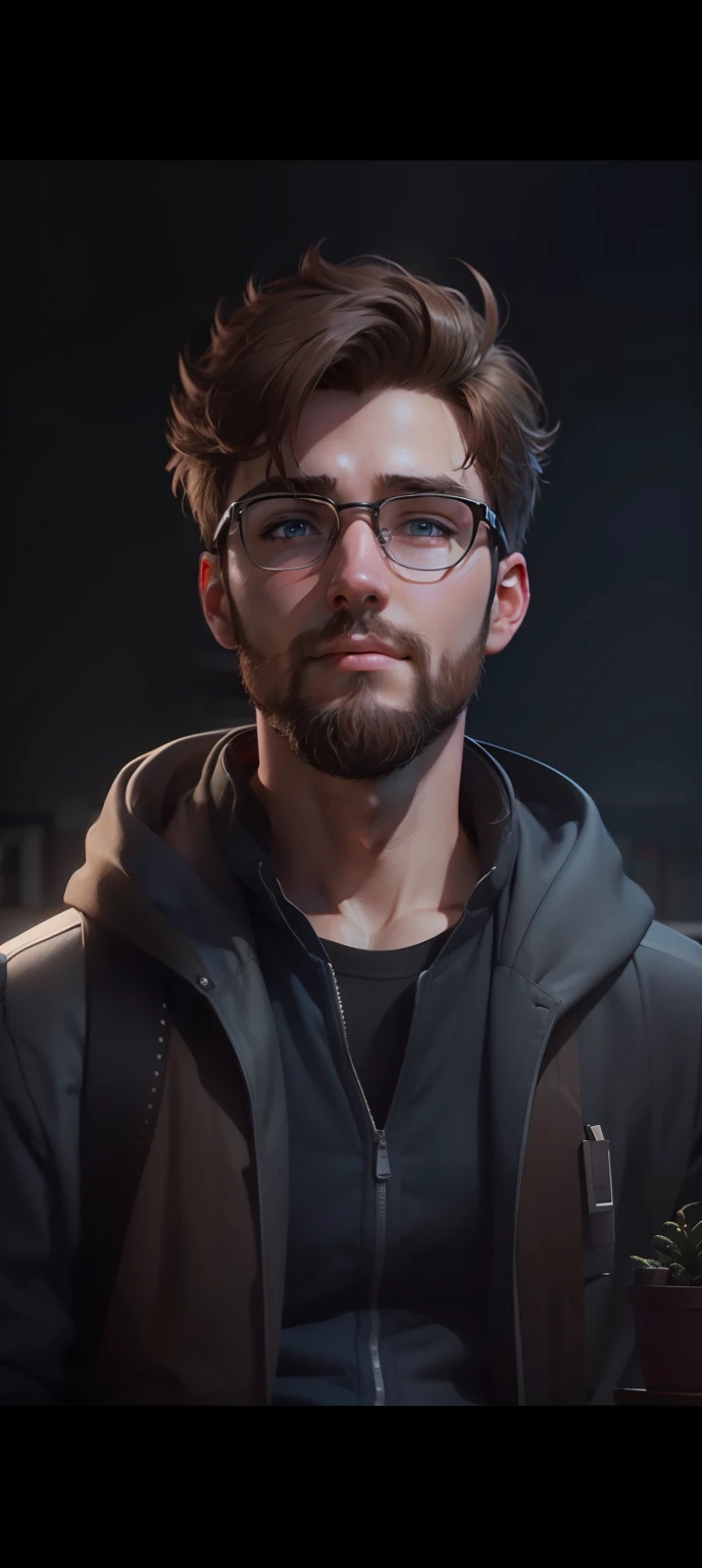 A 25 year old guy with brown hair, blue eyes and short beard. seated at a desk looking at the camera, 8k, friendly 3D animated style, book shelf and a plant in the background warm cinematic lighting