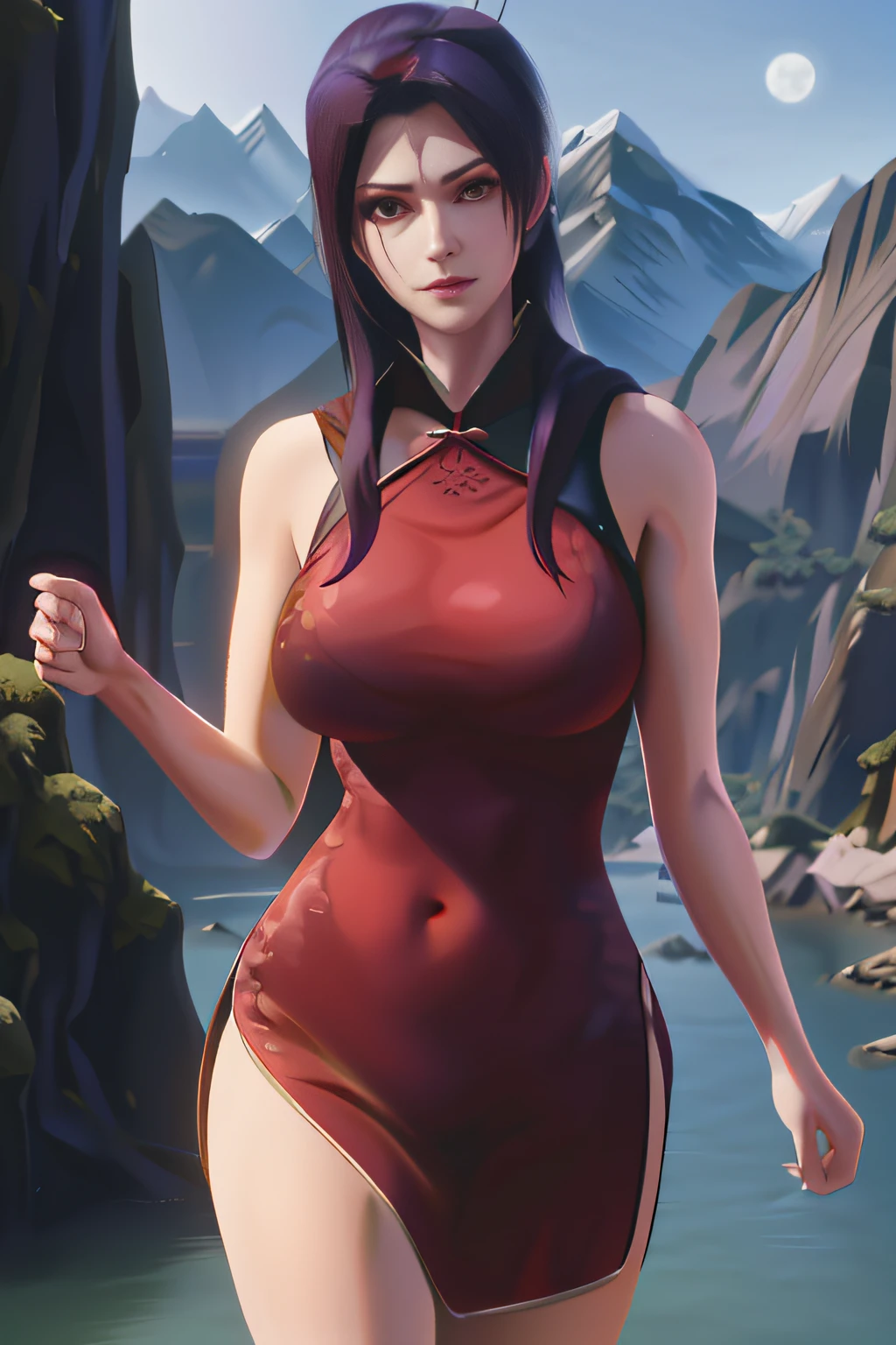 In front of the mountain stood a woman in a red bathing suit, alluring tipha lockhart portrait, Irelia from League of Legends, Guviz-style artwork, smooth digital concept art, Tifa Lockhart, Irelia, character is in her natural pose, Japanese goddess, alena aenami and artgerm, trending on cgstation