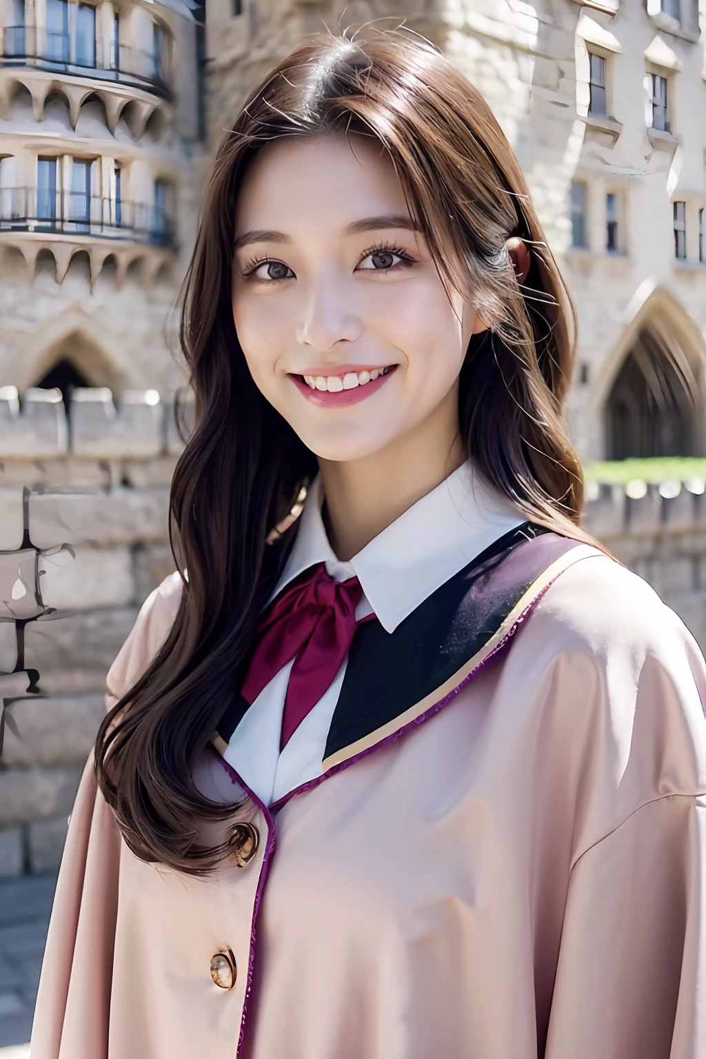 1girl in、beautiful vintage color、Instagram(Photorealsitic、hight resolution:1.4)、((Puffy eyes))、Staring at the viewer、、full body Esbian(8K、Raw photography、top-quality、masterpiece:1.2)、(realisitic、Photorealsitic) :1.37)、(foco nítido:1.2)、Professional Writing、photon maping、Radio City、Physically Based Rendering、(de pele branca:1.2)、Viewer's Perspective、(Middle hair:1.5)、portlate、Purple Eye、(silber hair:1.1)、bangss、(symple background:1.4)、独奏、realisitic、(masterpiece:1.4)、(top-quality:1.4)、(glowy skin)、fashionGirl、makeups、A smile(skinny、Mouth closure、full of shyness:1.3)、(Standing、Wearing Harry Potter uniforms、A Necromancer:1.1)、Medium bust、Instagramer、(((((Background in front of the castle)))))、Posing