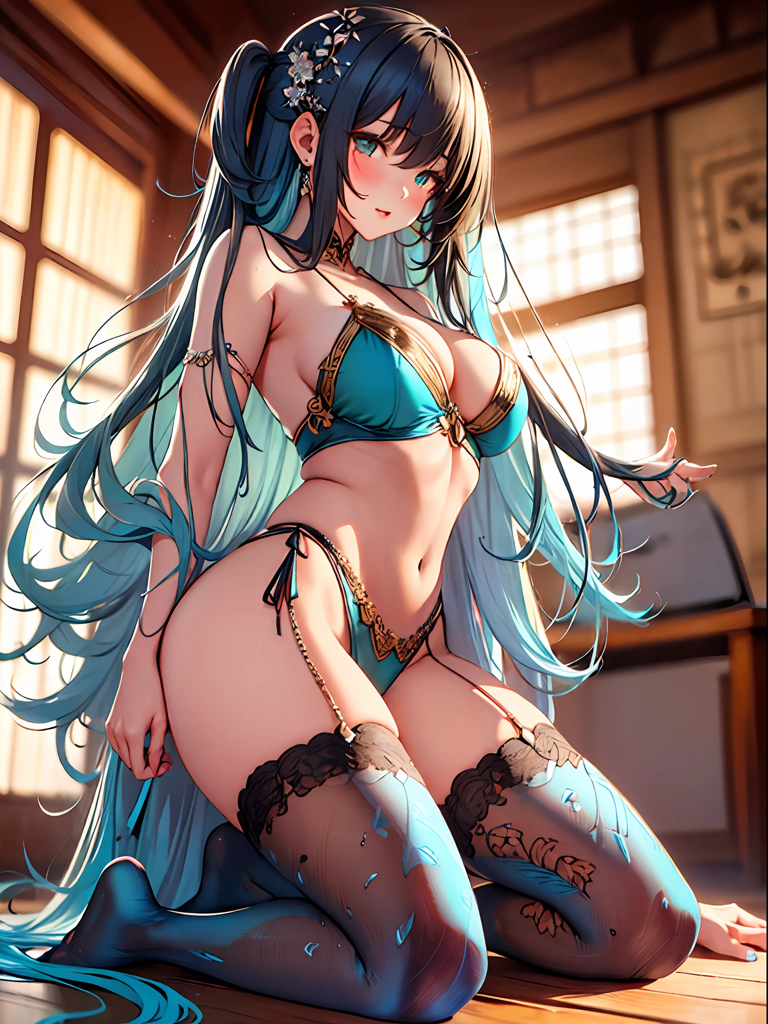 （Enrich the picture，Masterpiece level quality）Beautiful 8K CG artwork，Goddess-like posture，Kneeling exercise，Slim and soft，Translucent skin，Aqua blue hair、The beauty of extra-long hair, Super Long Straight Hair，The skin is fair and juicy，Big JK Uniform，Perspective Part 1.2x enhanced silhouette effect，Exquisite transparent blues pattern in pajamas，The details are intricate and exquisite，The background is slightly blurred，Charming and lustful leg seduction，Drool，Extra-large big breasts，Blush，Japan goddess，Perfect body slim curves，