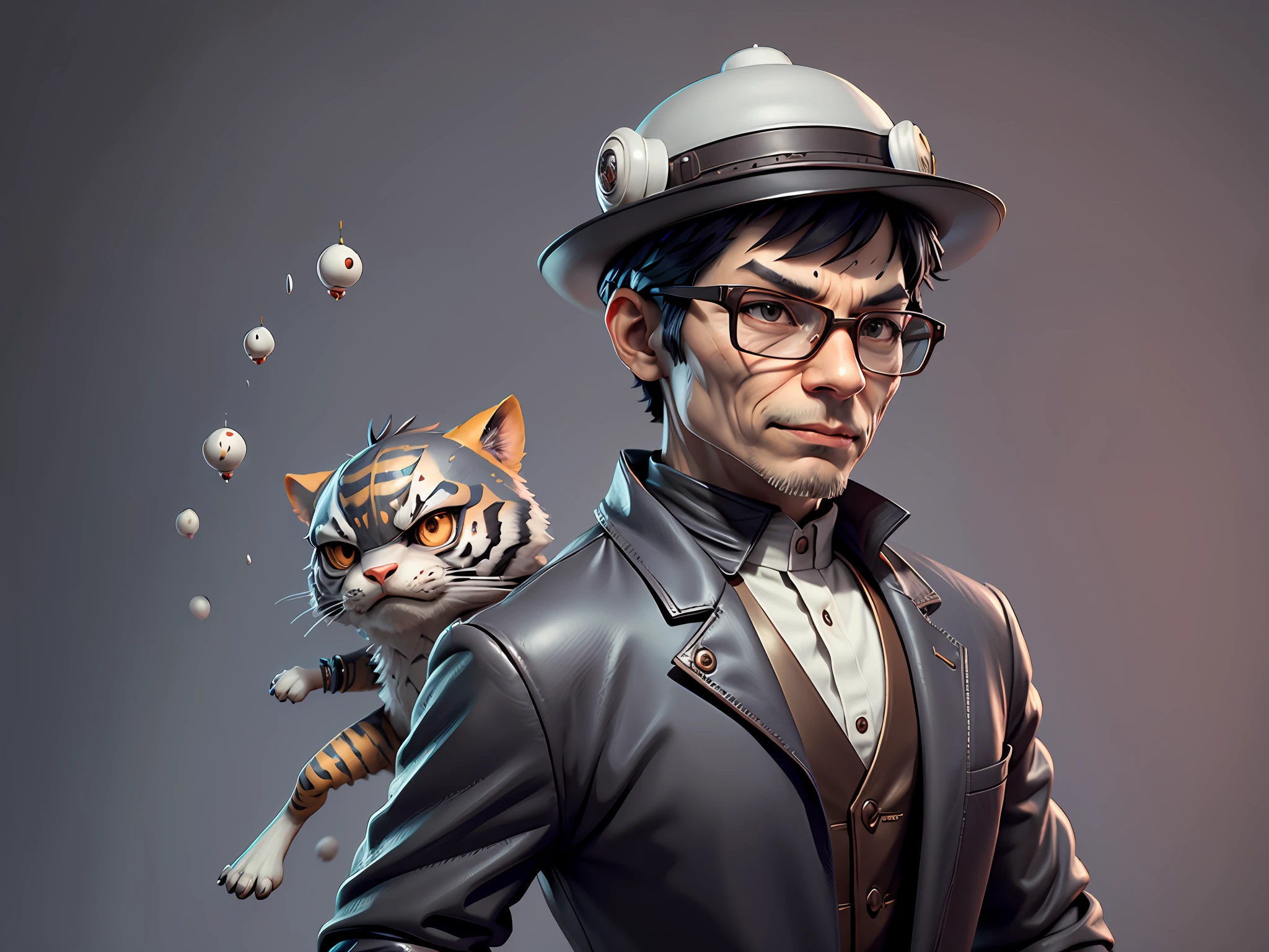 Young man with oriental face in leather hat, tiger, oriental face in formal suit, short black hair, silver glasses, digital painting, 3D character design by Mark Clairedon and Pixar and Hayao Miyazaki and Akira Toriyama, the illustration is a high-definition illustration in 4K resolution with very detailed facial features and cartoon-style visuals.
