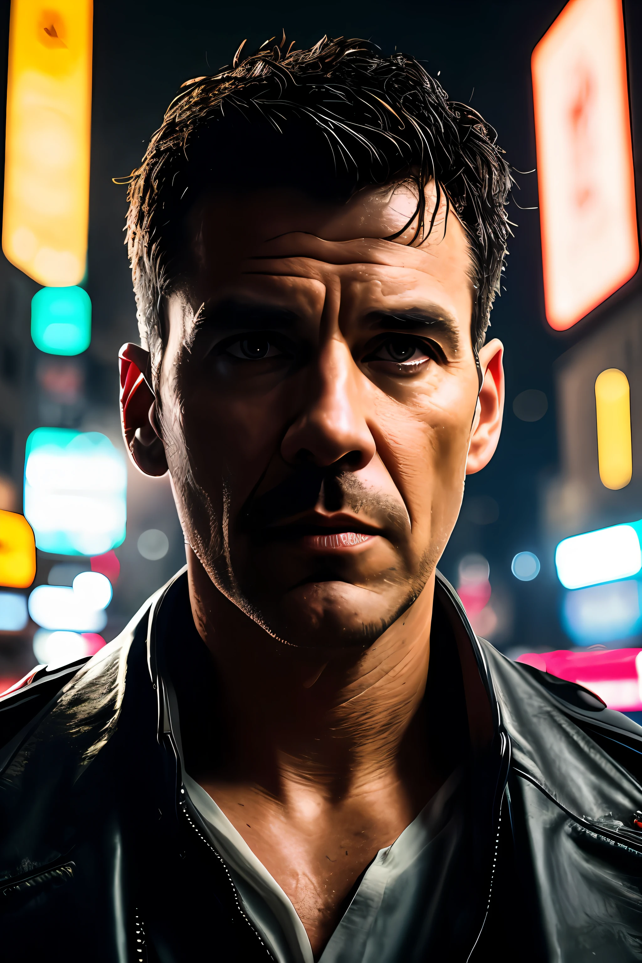 masterpiece, high detail, trending on artstation, realistic, detailed face, overall, a photo of a cyberpunk private detective, old man, dark hair, dirty, drone, Blade Runner city, neo lights, dark, rain, night, RAW, canon r6, wide shot, sharp, blurry background, rule of thirds, dramatic lights, dark shadows