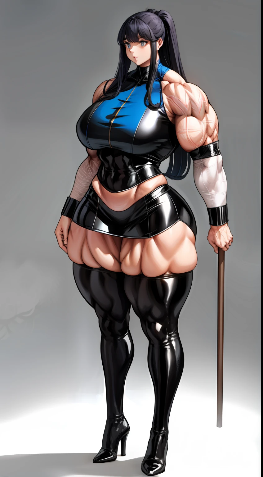 tmasterpiece,Best quality at best,Full body like,Burly woman,standing on your feet,Exaggerated large muscles,Long-sleeved latex set,blackstockings,Pointed-toe heels,Hold a rubber stick in your right hand,Mature and charming face, Single female,Thin waist,Very broad shoulders, Strong and powerful arms,Strong and powerful leg muscles,thick calf,long leges,dungeon background