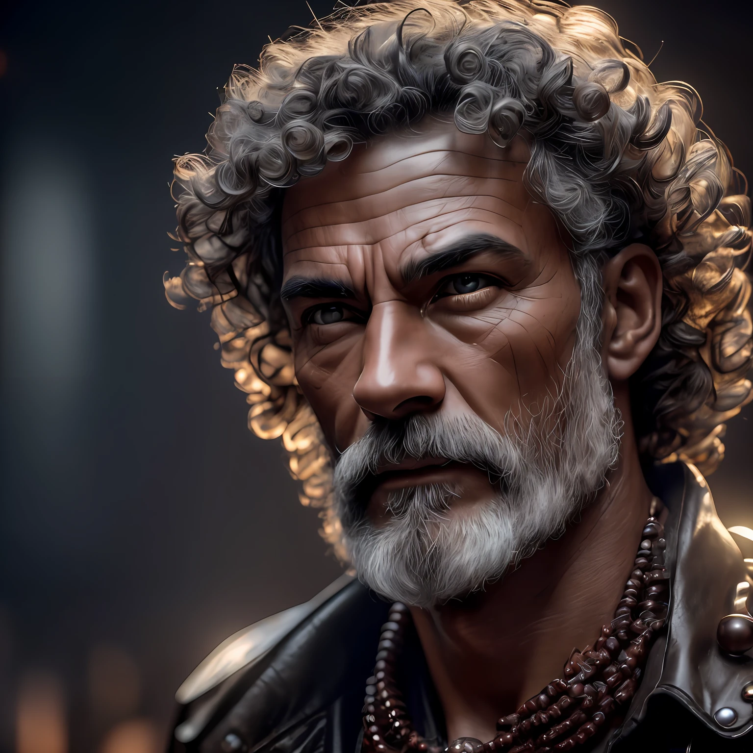 ((best quality)), ((masterpiece)), (detailed), highly detailed, (ultra-detailed), sharp focus, HDR, 8K resolution, (ultra-detailed eyes), tall, muscular, menacing, Oni, ((long and curly, dark brown hair)), Red sky, (Shiny Gray Beads Around His Neck), (dark atmosphere:1.2), scars, (beautifully detailed glow:1.2), (Volumetric lighting), intricate detail, highres, (detailed facial features), (ultra-detailed textured skin), (pbr textures), aesthetic, detailed background, stylish pose, dynamic pose, ((phisically-based rendering)