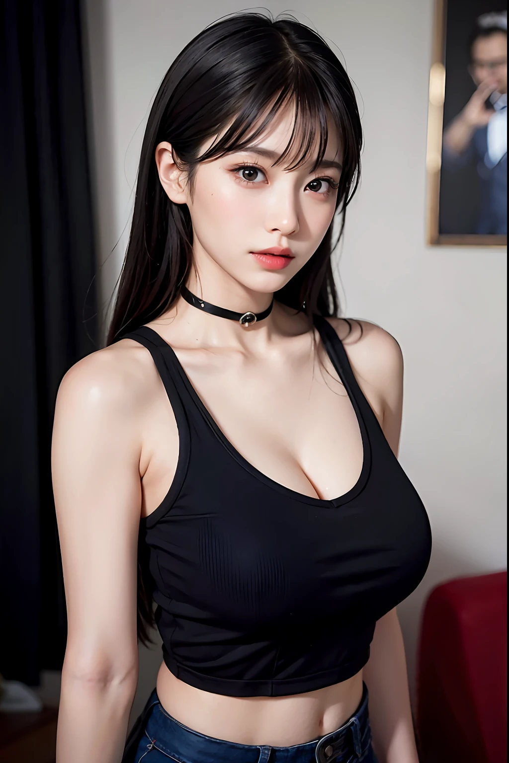 ((mid hair))), high high quality, 8K, hdr, A high resolution, absurderes: 1.2, photography of, (RAW photogr: 1.2), (realisticlying: 1.4), (tmasterpiece: 1.3), (complexdetails: 1.2), 1 rapariga,16yo girl, 独奏, ChineseGirl, Delicate and beautiful details, (Detailed eyes), (detailedfacialfeatures), (Large breasts))), Toned skin, ( Looking_at_peeping at the viewer), From_Front, (being thin), (best qualtiy: 1.4), (hyper HD: 1.2), cinematic ligh, (Extreme detail illustration), (Gloss on lips,best qualtiy,超A high resolution,depth of fields,Caustics,Wide light illumination,naturalshadow,85mm,f / 1.4,iso 200,1/160 sec:0.75),1个Giant Breast Girl,独奏,((blue tanktop)))ssmile,校服,choker necklace,Black neat and clean clothes,(jiayi:1.5), closeup cleavage, tmasterpiece, best qualtiy, RAW photogr, realisticlying, the face, Incredibly Ridiculous res, depth of fields, A high resolution, ultra - detailed, finedetail, The is very detailed, extremely detailed eyes and face, Sharp pupils, realistic pupil, tack sharp focus, cinmatic lighting