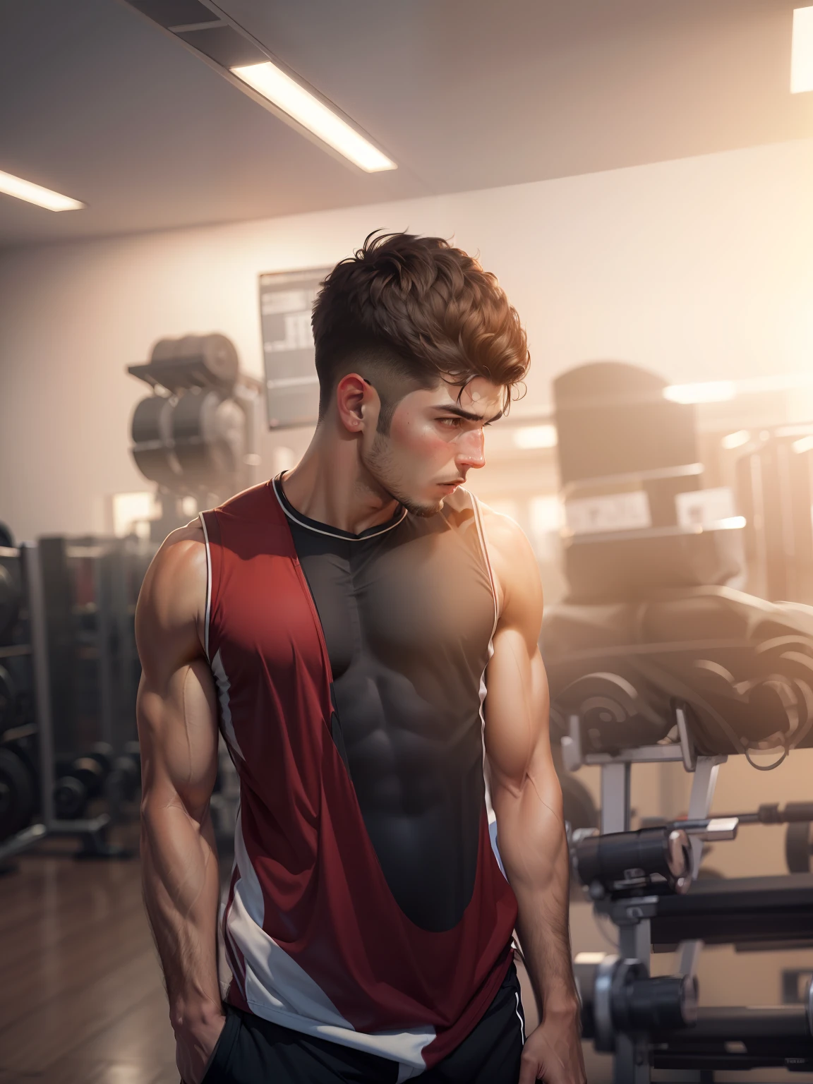 Change background realistic face handsome boy athlete body gym im background