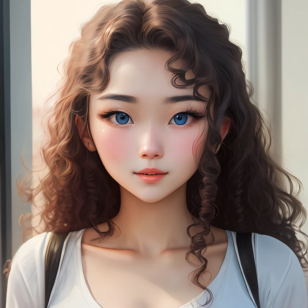 A 21 years old girl Face , in straight noise, big eye , thin lips , long curly hair, blue eyes, attractive titt, every detail of face ,