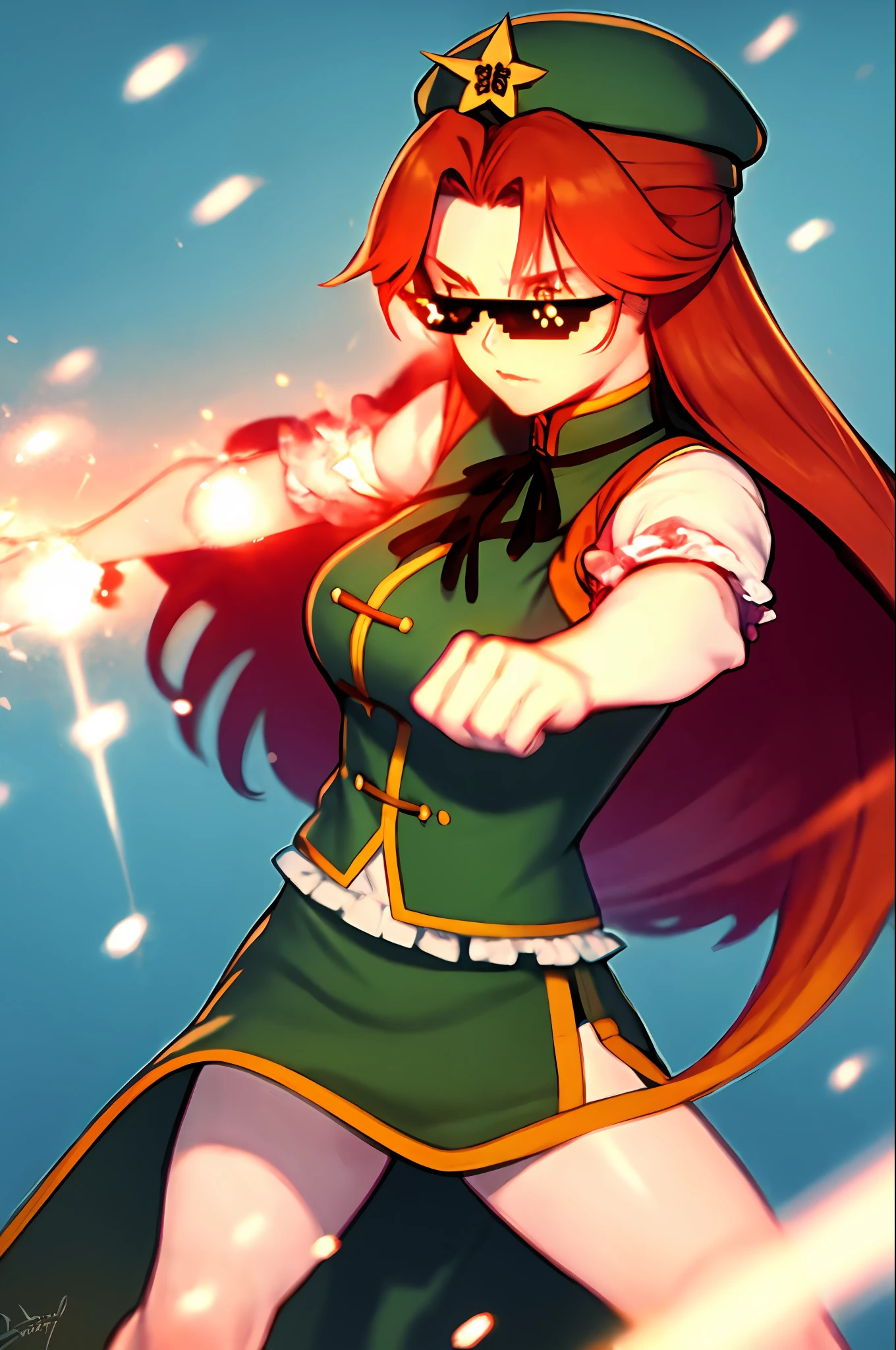 masterpiece, best quality,  1girl,hong meiling, grey background, fighting stance, (kbxll:0.5) DealWithIt