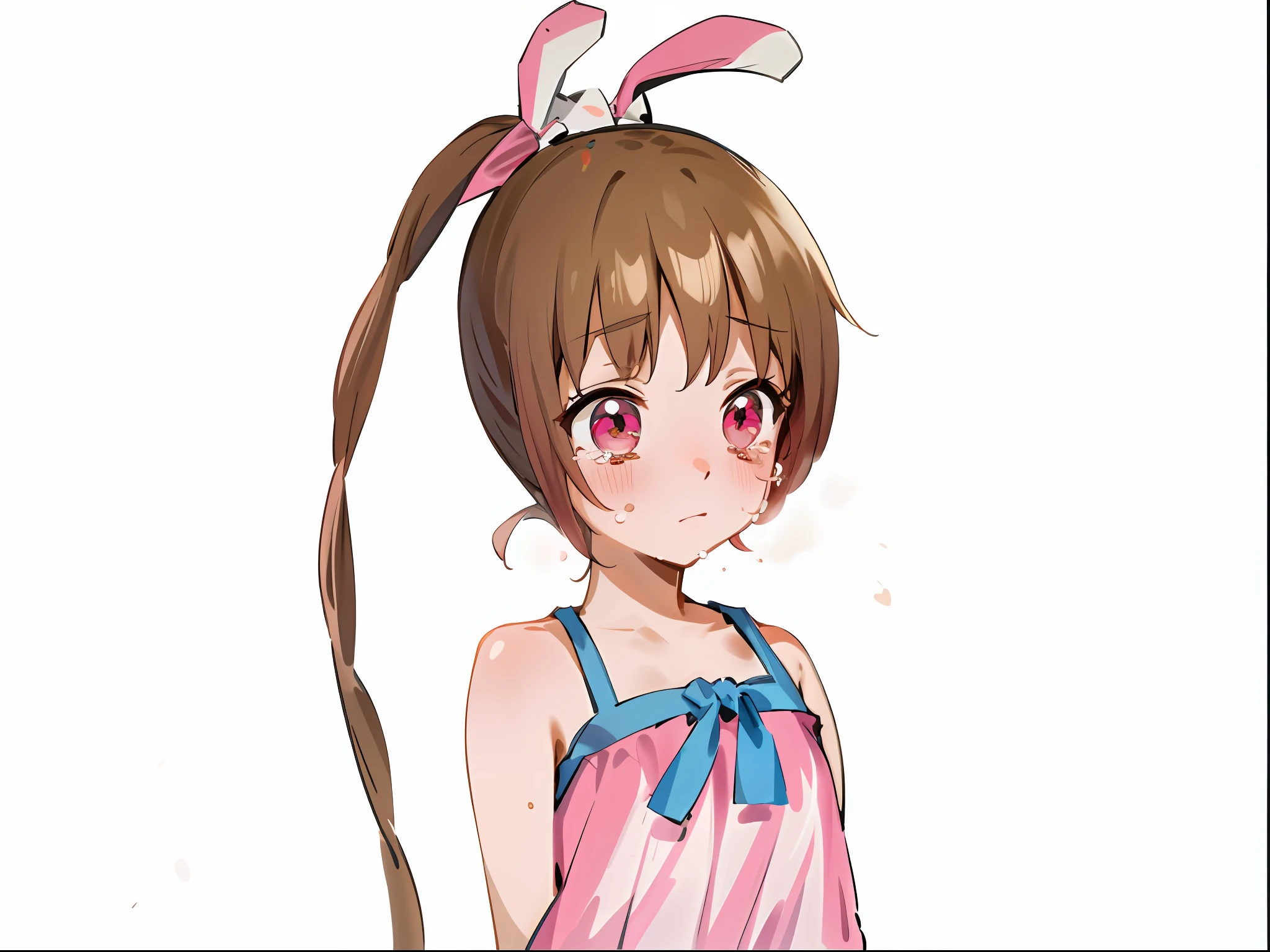 One long hair, girl in school uniform, miniskirt, pink hair, looking away, sitting, embarrassed, blushing, crying, mouth closed, classroom (girl leaking pee)