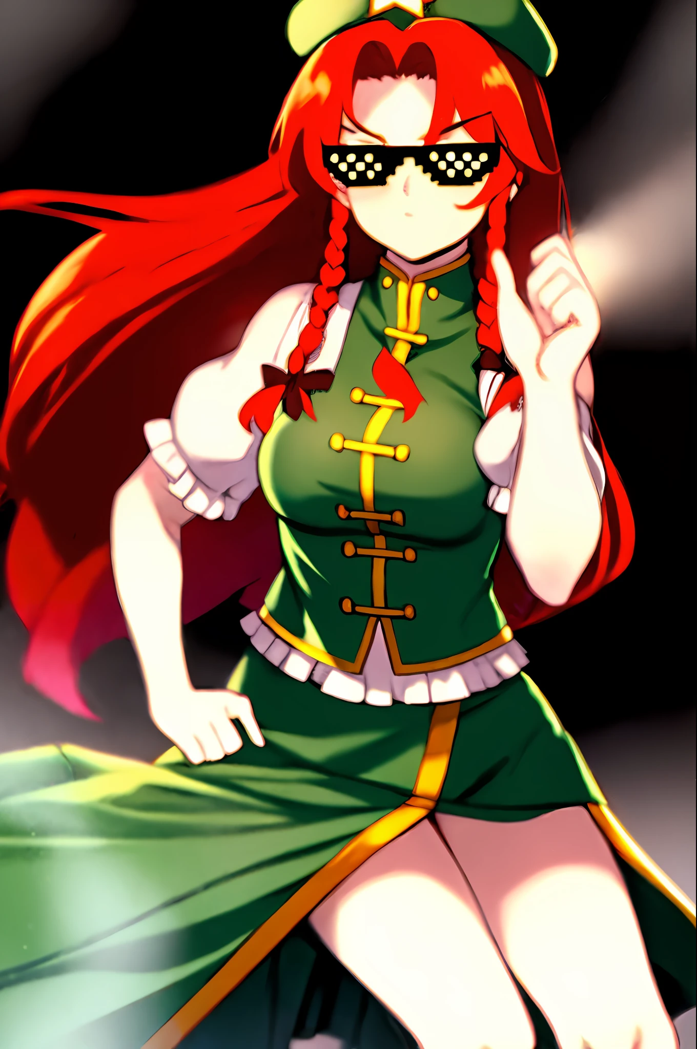 masterpiece, best quality,  1girl,hong meiling, grey background, fighting stance, (kbxll:0.5) DealWithIt