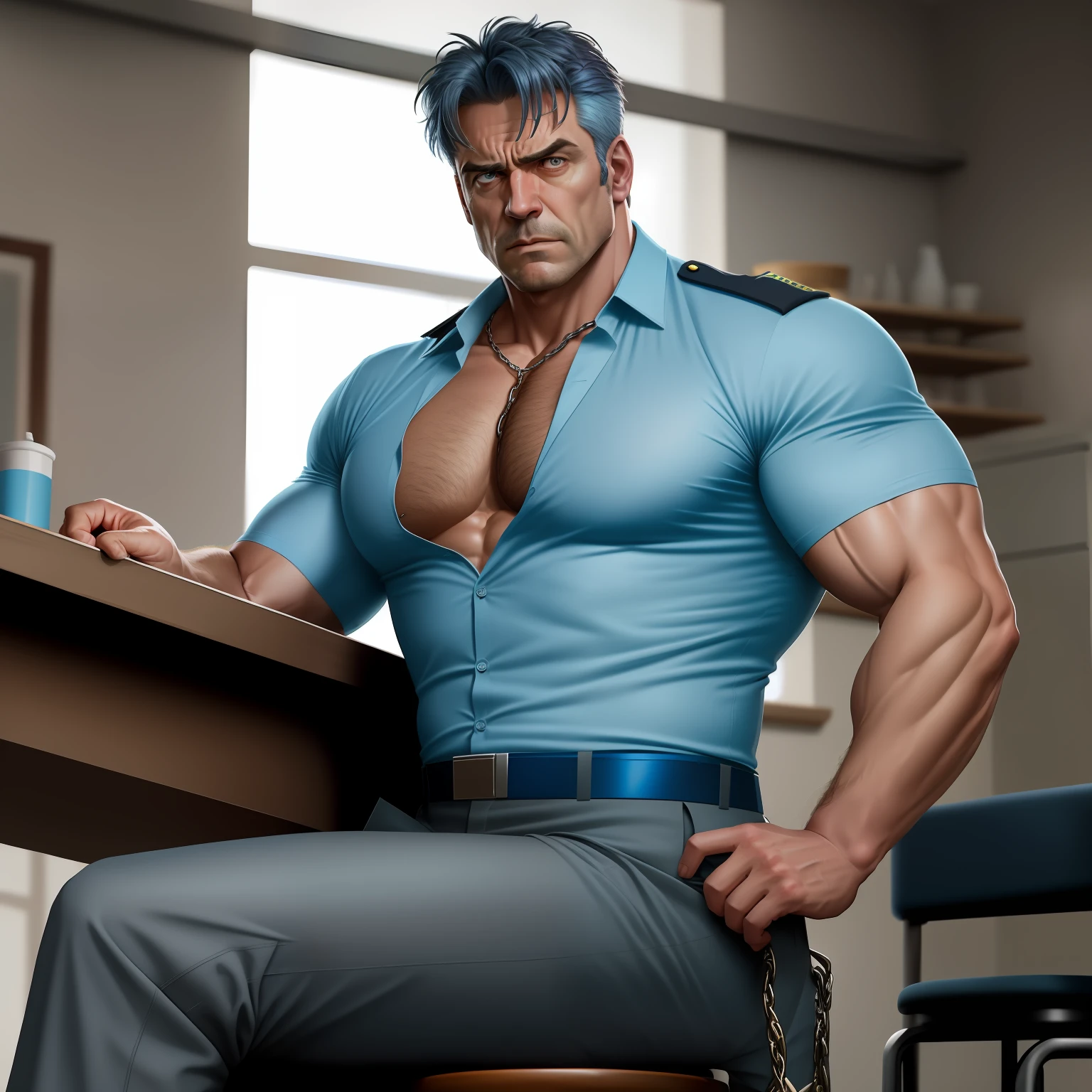 The male uncle Banner in the Avengers,Wearing a light blue police uniform shirt,shirt open,Show strong pectoral muscles,Hands tied,sitting on a stool,The thighs are peeled apart,The trouser chain is pulled undone,Exposed shorts,Be red in the face,Very disdainful,Raised,Lots of chest hair