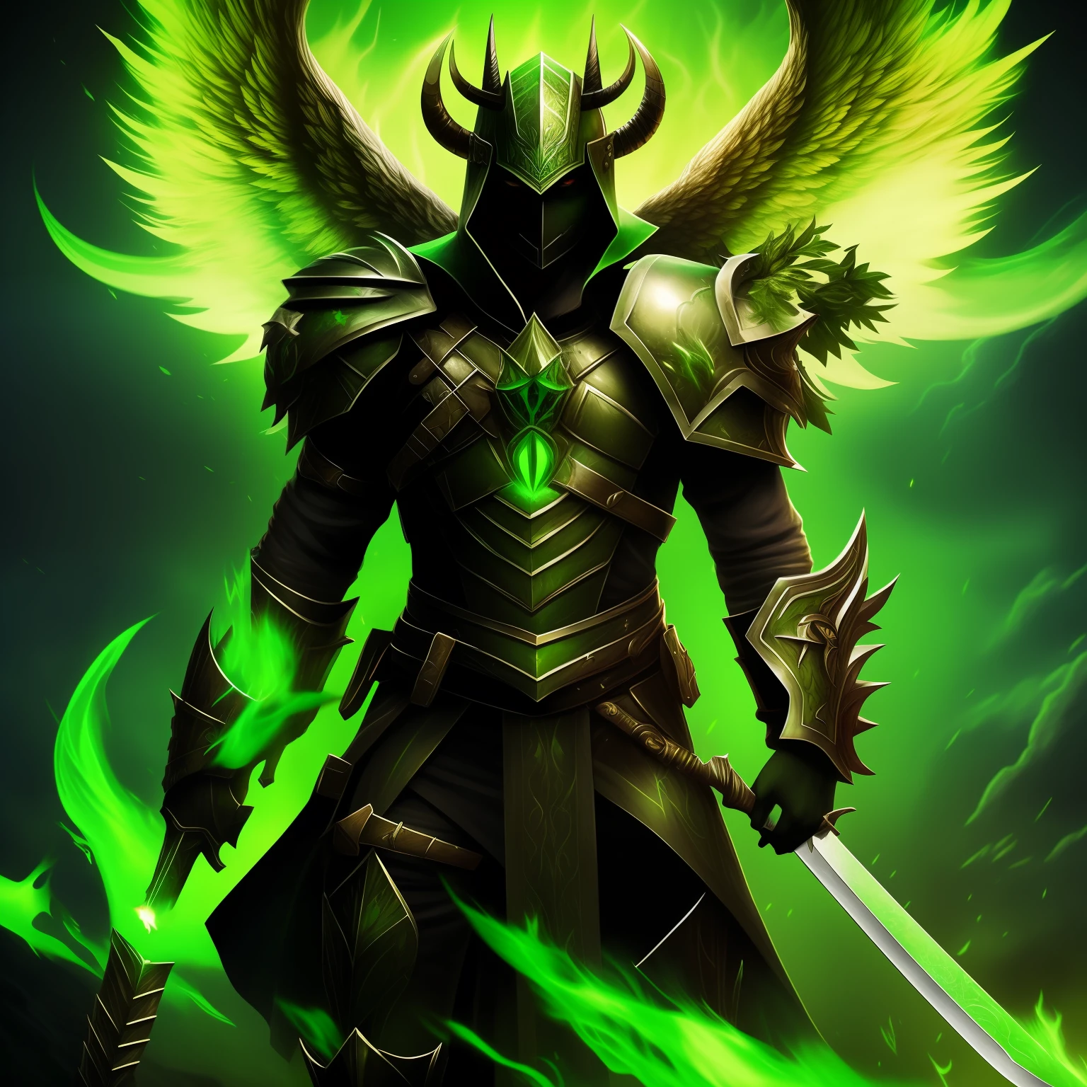 A fallen angel, with horns, a destroyed armor, holding a sword, surrounded by green flames, his mouth smoked green