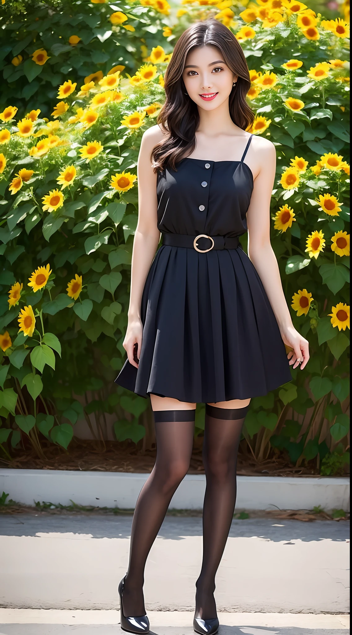 tmasterpiece, best qualtiy,1girll,Star face,Long legs,ssmile, fully body photo,Fair and smooth skin, The eyes are bright and alert,Semi-curved eyebrows, Swallow red lip gloss, short and wavy hair,(black color dress,Gauze skirt,The clothes are fluttering,Black sexy stockings,high-heels,standing on your feet: 1.2),parks,Sea of sunflower flowers