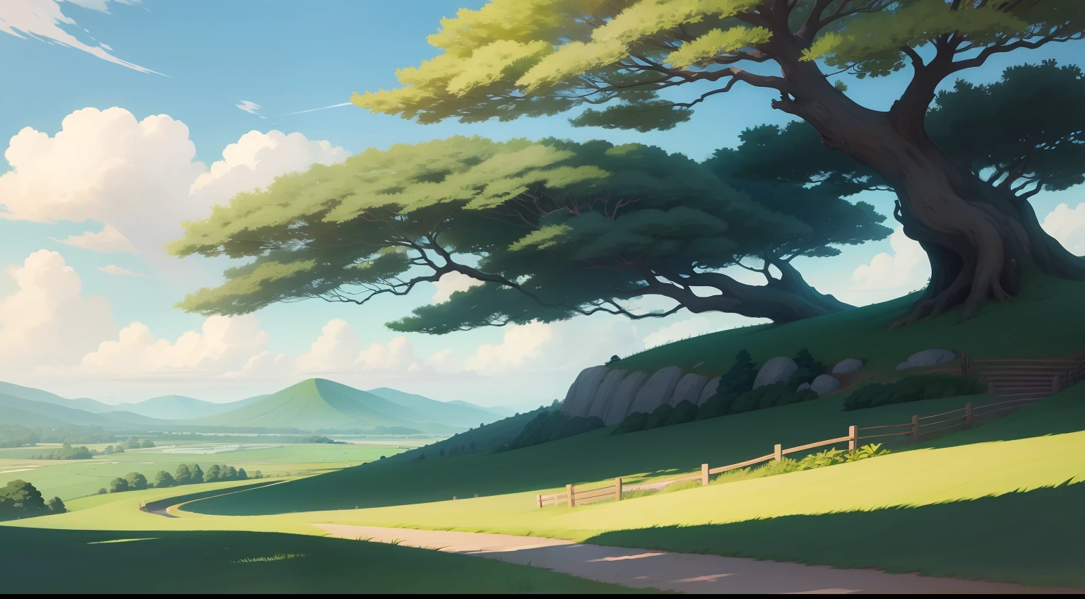 夏天,heal,Ghibli-like colors,grassy fields,clouds,scenecy,tmasterpiece,high qulity,Miyazaki painting style,Lazy,Sunlight shines through the leaves and leaves