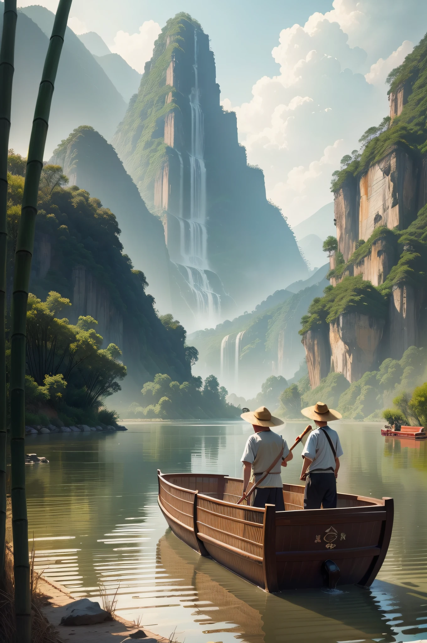 A bamboo raft in the river, a bamboo raft, an old man with an ancient Chinese style, and the continuous peaks on both sides of the river The river is choppy