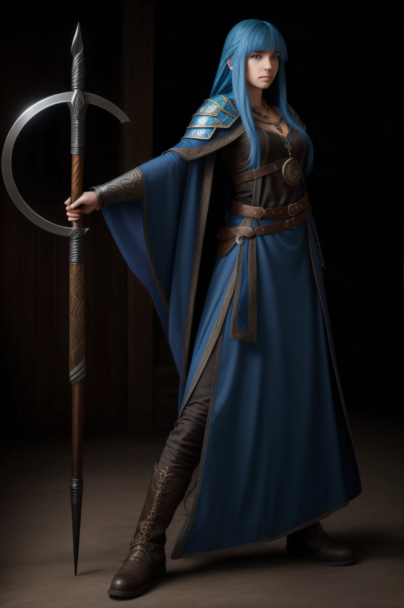 Baldurs gate 3,young female human wizard, casting, summoning, weaving blue hair, best quality, masterpiece,wooden staff, cloak armor, attacking, necklace, tiara, high detail, maximum quality, black lether boots