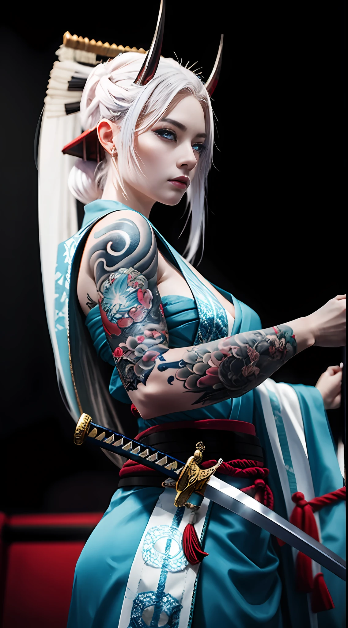 Masterpiece, highlydetailed, Hyperrealistic, HD ,fullbodyshot of a beautiful ronin blue_oni_woman with (pale_blue_skin:1.4), (messy_long_white_hair covering one_eye:1.1), (1_oni_horn:1.0),
in a (sword_fighting_stance:1.3)
wearing (fishnet_body_suit:0.7) under (an off_shoulder_geisha_kimono:0.9) and (high_geisha_footwear:0.5), (covered huge_breasts:0.6) , (smoking_pipe:0.4), red_tattoos ,