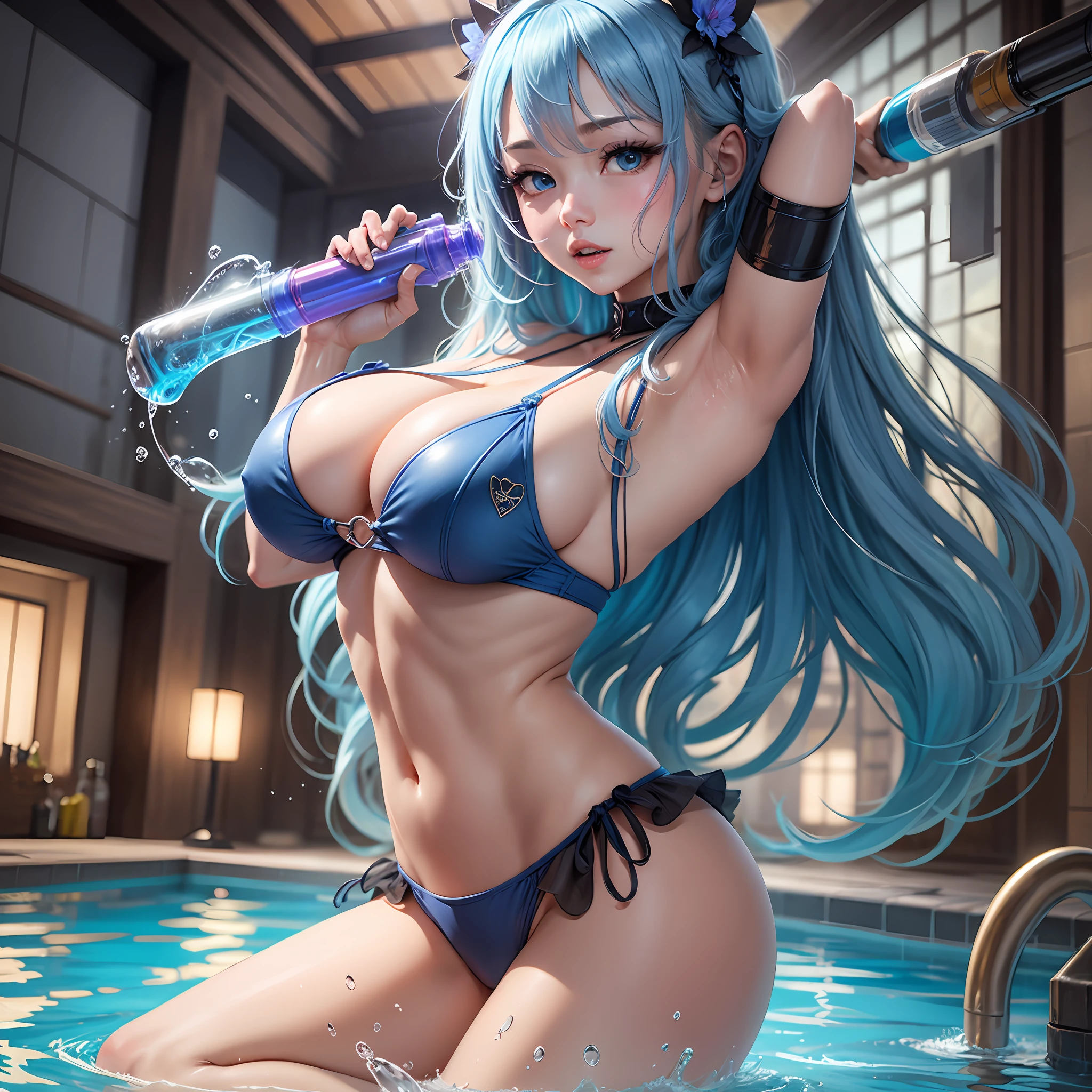 8K、animesque、top-quality、Masterpiece、An ultra-high picture quality、ultra-detailliert、Super beautiful、Ultra-detailed hair quality、Super beautiful、portlate、full bodyesbian、Bewitching look、water gun、Translucent bikini、Beautuful Women、Long blue hair、Twin-tailed、Blue eyes、shinny skin、Bursting chest、very Bigger breasts、Very big butt、Water droplets running down the skin、Background is a fantastic night pool --auto --s2