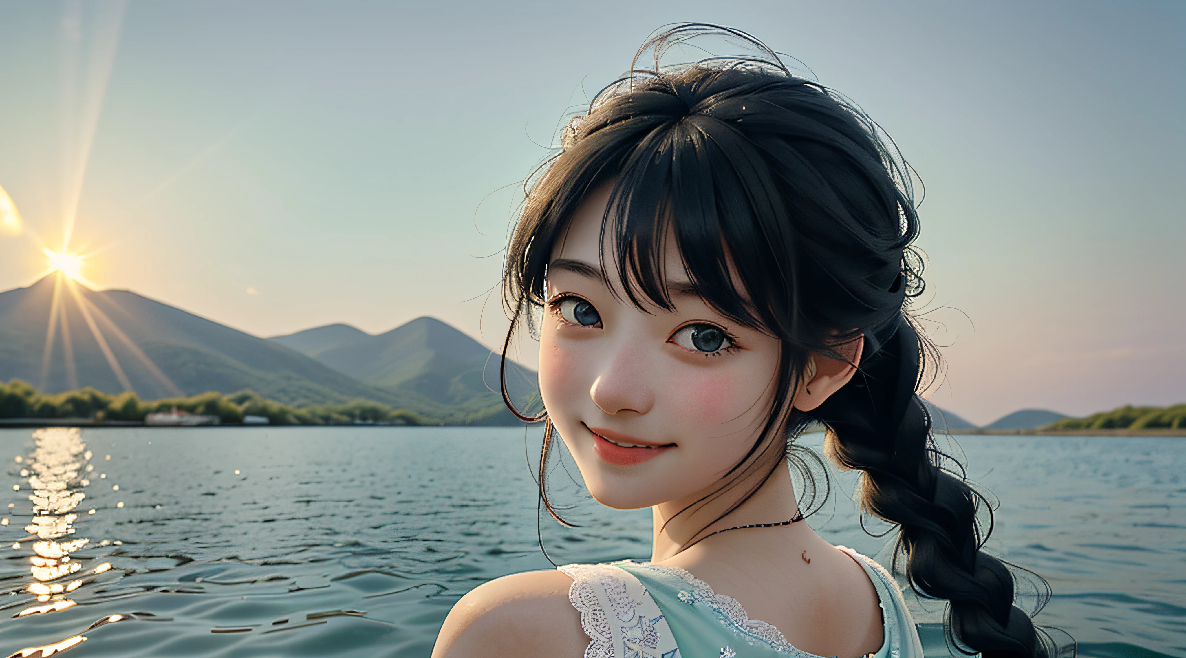 On the blue sky,There are beautiful rainbows during the day in summer,and the sun was shining brightly,There is soft natural light, Dingdall effect,An intimate portrait of a young girl about eighteen years old,The girl's appearance is thick eyebrows,There are big watery eyes,The girl has long black hair,Qi bangs,Side braids,She wears a cute feather hair ornament on her head,She blushed shyly,Sitting on a wooden dock in a pale green summer dress,A wooden pier juts out onto the tranquil lake,The girl closed her mouth slightly,Gentle gaze smiled and looked at the audience seriously,Hold your hands behind each other's backs,A gentle and happy smile appeared on his face。The sun casts a warm glow on the scene,Illuminate ripples in the water,Cast a soft shadow on the girl's face。Behind her,A sea of purple and saffron stretches into the distance,There are many beautiful roses, etc., which contrast with the light blue sky overhead。Despite the tranquility of the surroundings,But there is a clear sense of joy。