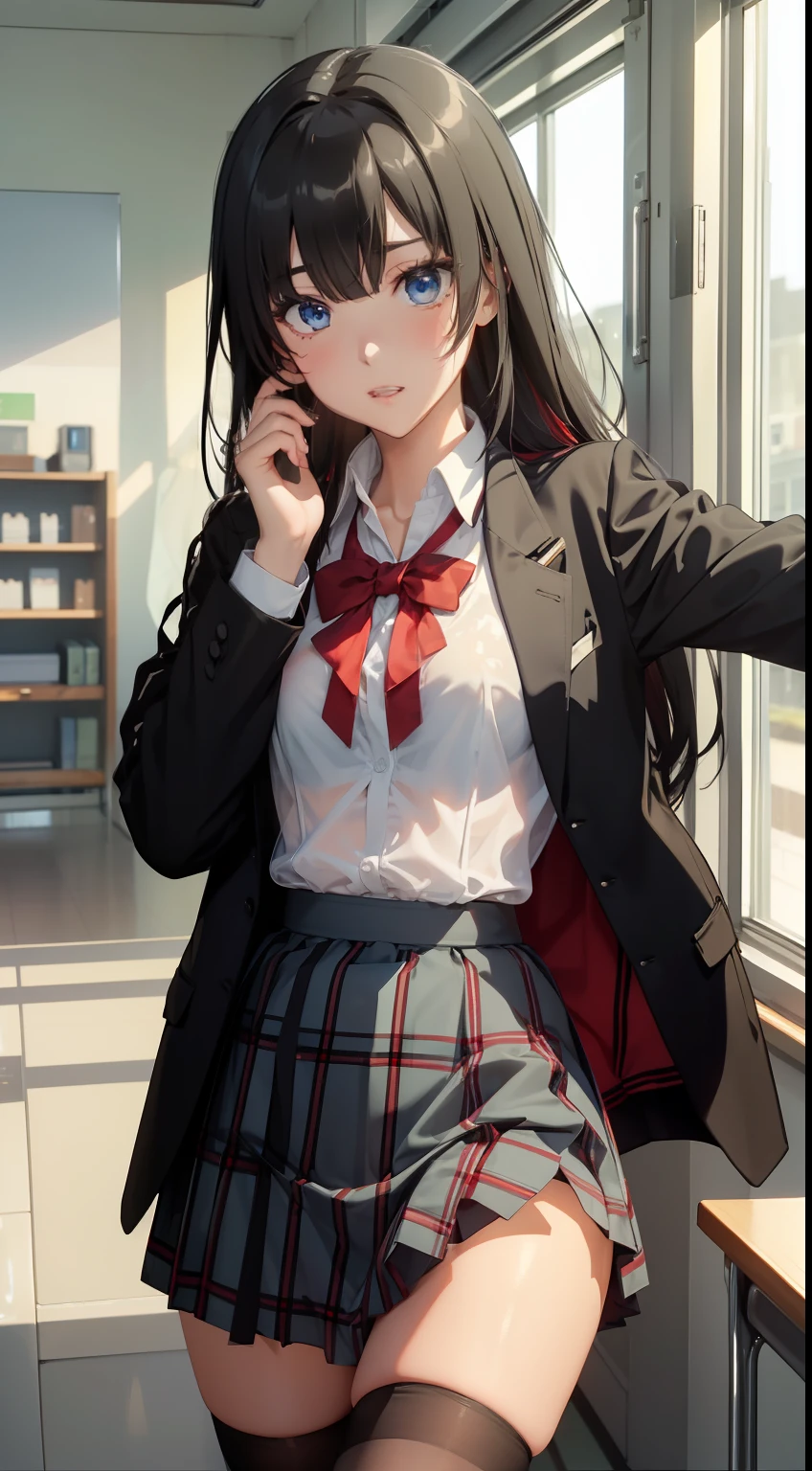 A masterpiece、beste-Quality、Ultra-detailded、Realstic、hyper detailled、(perfect anatomy)、1girl、solo、black hair、ahoge、blue eyes、slender body、((small tits))、((small buttocks))、Embarrassed blush、gleaming skin、(transparent polyvinylidene chloride)、(((Sheer)))、((see-through school uniform)、plaid skirt、red bowtie)、(see-through thighhighs)