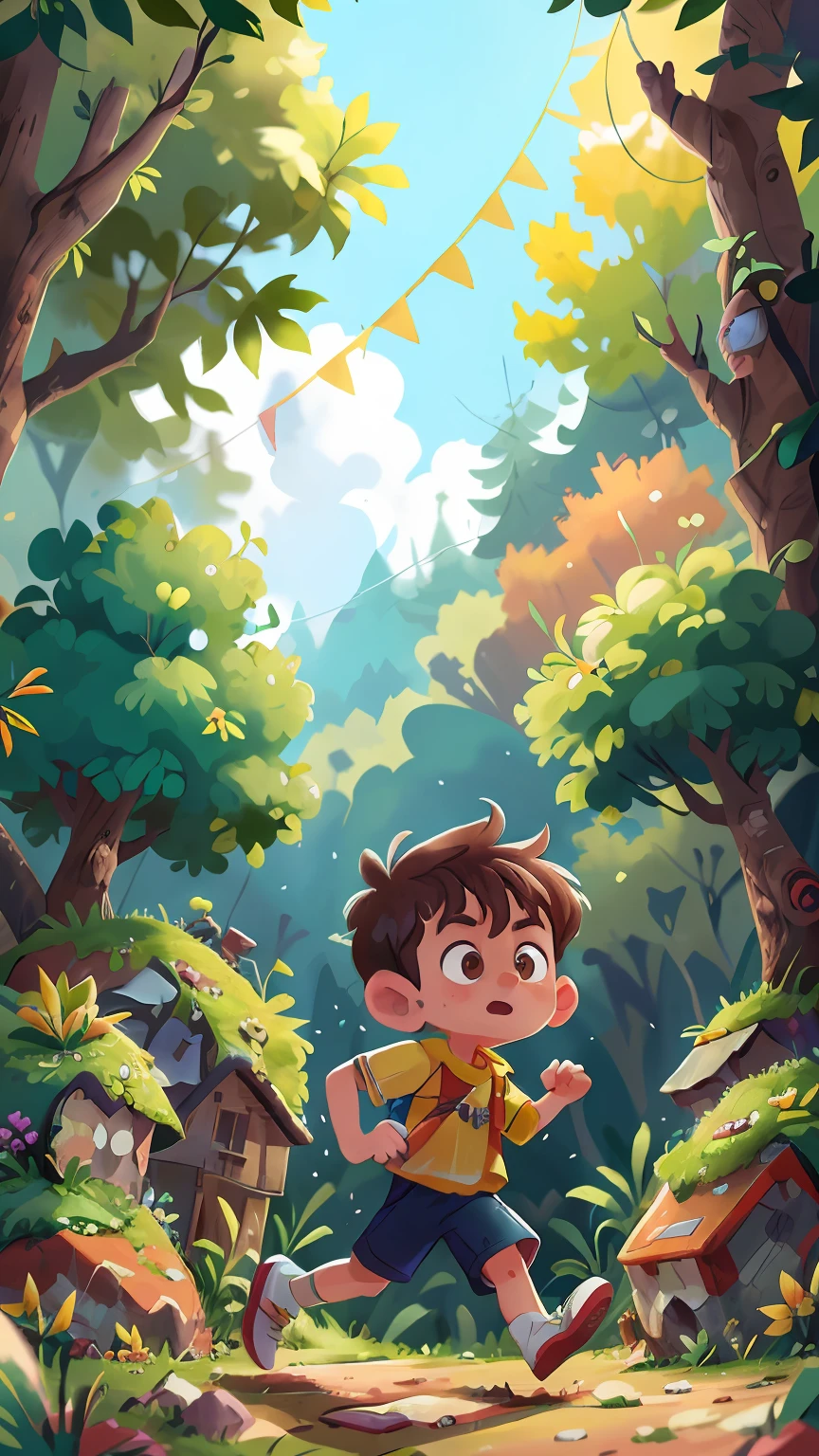 A 10-year-old boy is running in a forest, He's wearing adventurer's clothes, is fearless, corajoso, qualidade perfeita, foco claro (mess - house: 0.8), (obra-prima: 1.2) (Realista: 1.2) (Bokeh) (Melhor qualidade) (Pele detalhada: 1.3) (Detalhes intrincados) (8K) (Detalhe Olho) (foco nítido), (Infeliz)