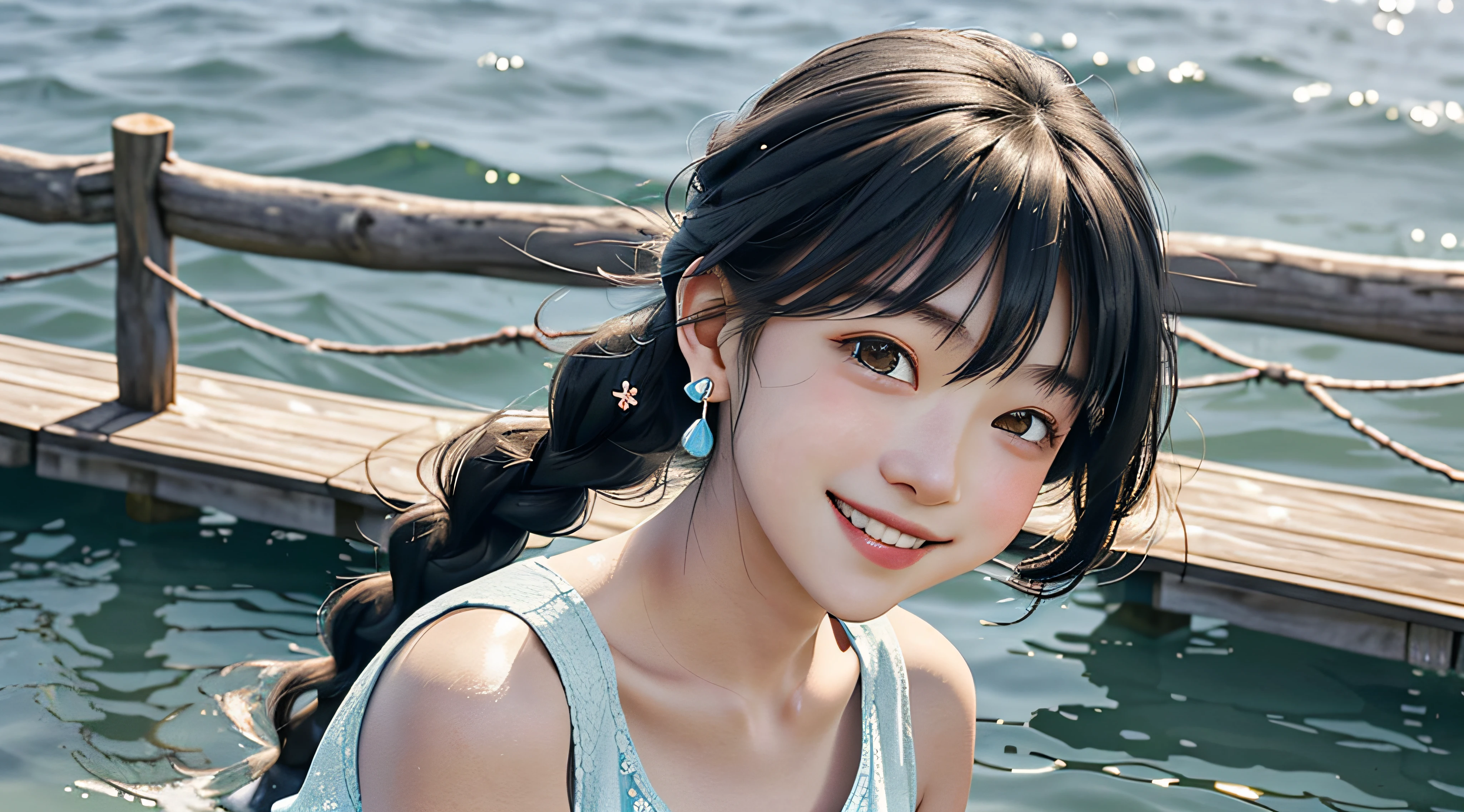 On the blue sky，There are beautiful rainbows during the day in summer，and the sun was shining brightly，There is soft natural light, Dingdall effect，An intimate portrait of a young girl about eighteen years old，The girl's appearance is thick eyebrows，There are big watery eyes，The girl has long black hair，Qi bangs，Side braids，Wear cartoon-style rabbit earrings on the head，She blushed，Standing on a wooden pier in a pale yellow dress，A wooden pier juts out onto the tranquil lake，The girl closed her mouth slightly，smiling and looking at audience，Left hand on cheek，The right hand is naturally flat on the wooden pier，A happy smile on his face。The sun casts a warm glow on the scene，Illuminate ripples in the water，Cast a soft shadow on the girl's face。Behind her，A sea of purple and saffron extends into the distance，There are peony flowers，Various flowers such as roses contrast with the light blue sky overhead。Despite the tranquility of the surroundings，But there is a clear sense of joy。