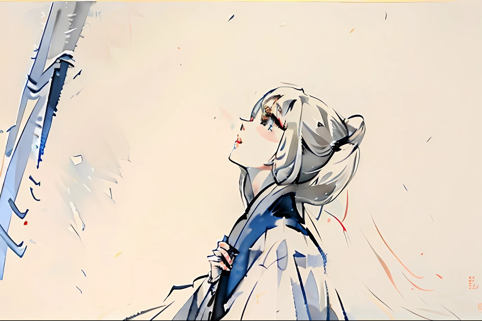 A white-haired woman,Look up at the sky in the snow,Side close-up,Traditional chinese painting