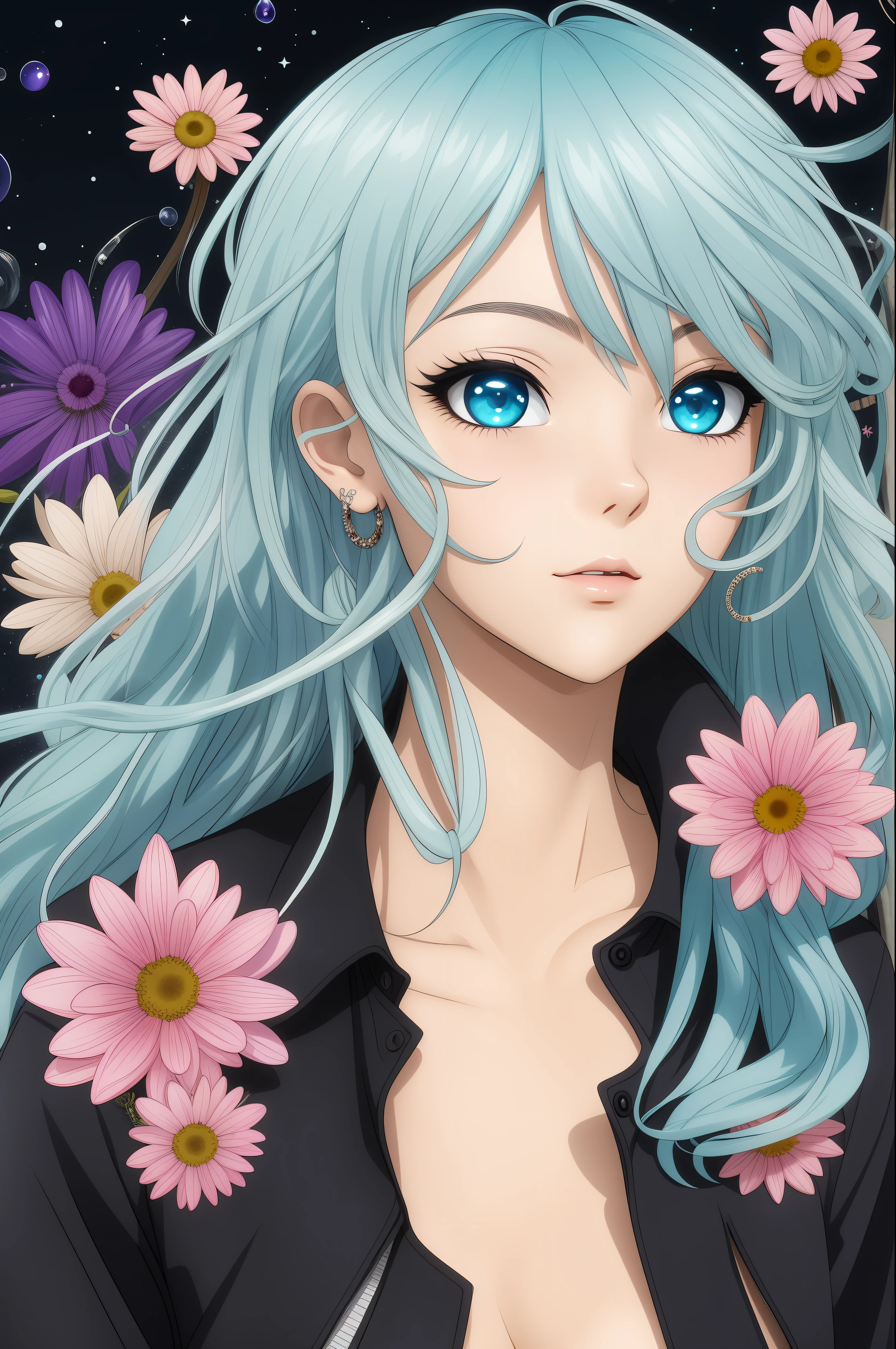 (masterpiece), (best quality), (ultra detailed),(disheveled hair),(illustration), (1girl), (Fashionable clothing), standing, Fashion model, looking at viewer, (interview), (simple background),beautiful detailed eyes, delicate beautiful face, Floating,(high saturation),(colorful splashes),colorful bubble,(shining), focus on face, kamisato ayaka, light blue hair, bangs, hair ring, floating flowers, floating hairs.Girl, anime waifu, looking at viewer, highlydetailed, reflections transparent iridescent colors, long transparent iridescent RGB hair, artby Serafleur from artstation, thick acrylic,illustration on pixiv, waist up portrait, gorgeoussacred girl, best quality, ultra detailed,sad,clever,beautiful face , beautiful lighton black background, Character stvle renderedby Octane,
