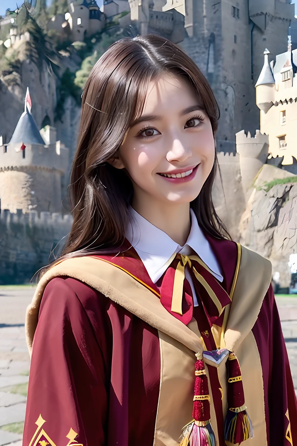 1girl in、beautiful vintage color、Instagram(Photorealsitic、hight resolution:1.4)、((Puffy eyes))、Staring at the viewer、、full body Esbian(8K、Raw photography、top-quality、masterpiece:1.2)、(realisitic、Photorealsitic) :1.37)、(foco nítido:1.2)、Professional Writing、photon maping、Radio City、Physically Based Rendering、(de pele branca:1.2)、Viewer's Perspective、(Middle hair:1.5)、portlate、Purple Eye、(silber hair:1.1)、bangss、(symple background:1.4)、独奏、realisitic、(masterpiece:1.4)、(top-quality:1.4)、(glowy skin)、fashionGirl、makeups、A smile(skinny、Mouth closure、full of shyness:1.3)、(Standing、(((Wearing a Gryffindor uniform)))、A Necromancer:1.1)、Medium bust、Instagramer、(((((Background in front of the castle)))))、Posing