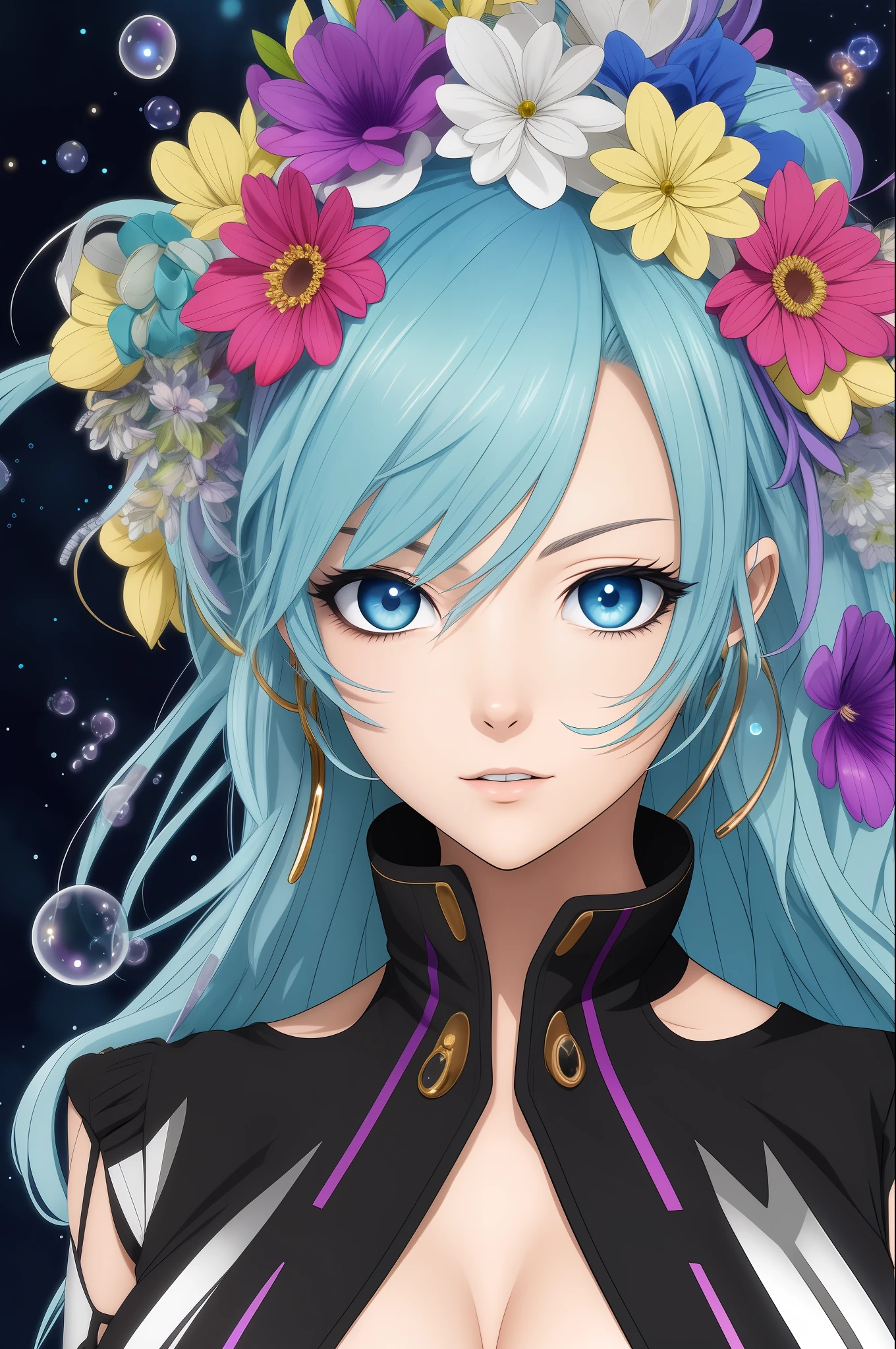 (masterpiece), (best quality), (ultra detailed),(disheveled hair),(illustration), (1girl), (Fashionable clothing), standing, Fashion model, looking at viewer, (interview), (simple background),beautiful detailed eyes, delicate beautiful face, Floating,(high saturation),(colorful splashes),colorful bubble,(shining), focus on face, kamisato ayaka, light blue hair, bangs, hair ring, floating flowers, floating hairs.Girl, anime waifu, looking at viewer, highlydetailed, reflections transparent iridescent colors, long transparent iridescent RGB hair, artby Serafleur from artstation, thick acrylic,illustration on pixiv, waist up portrait, gorgeoussacred girl, best quality, ultra detailed,sad,clever,beautiful face , beautiful lighton black background, Character stvle renderedby Octane,