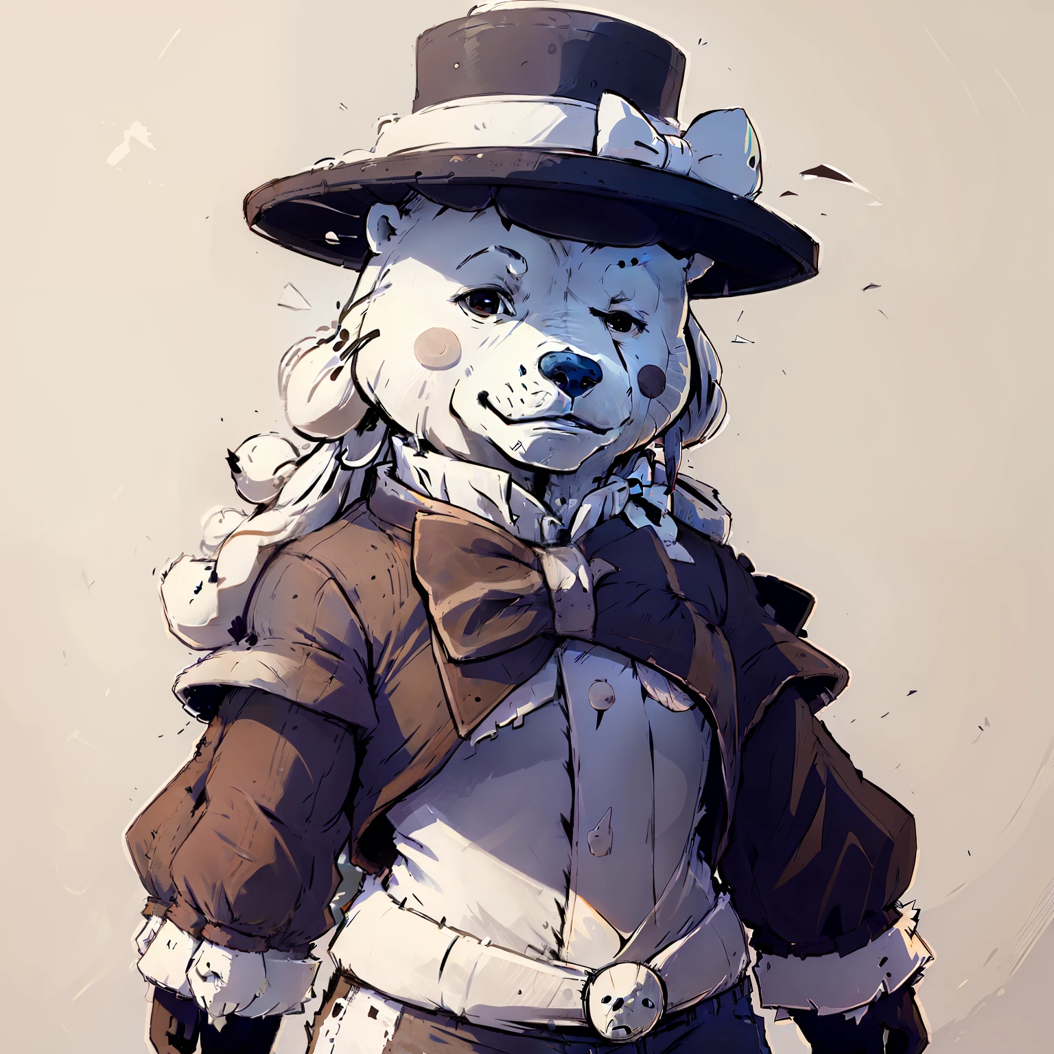 Humanoid polar bear wearing hat top hat and bow tie