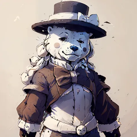 humanoid polar bear wearing hat top hat and bow tie