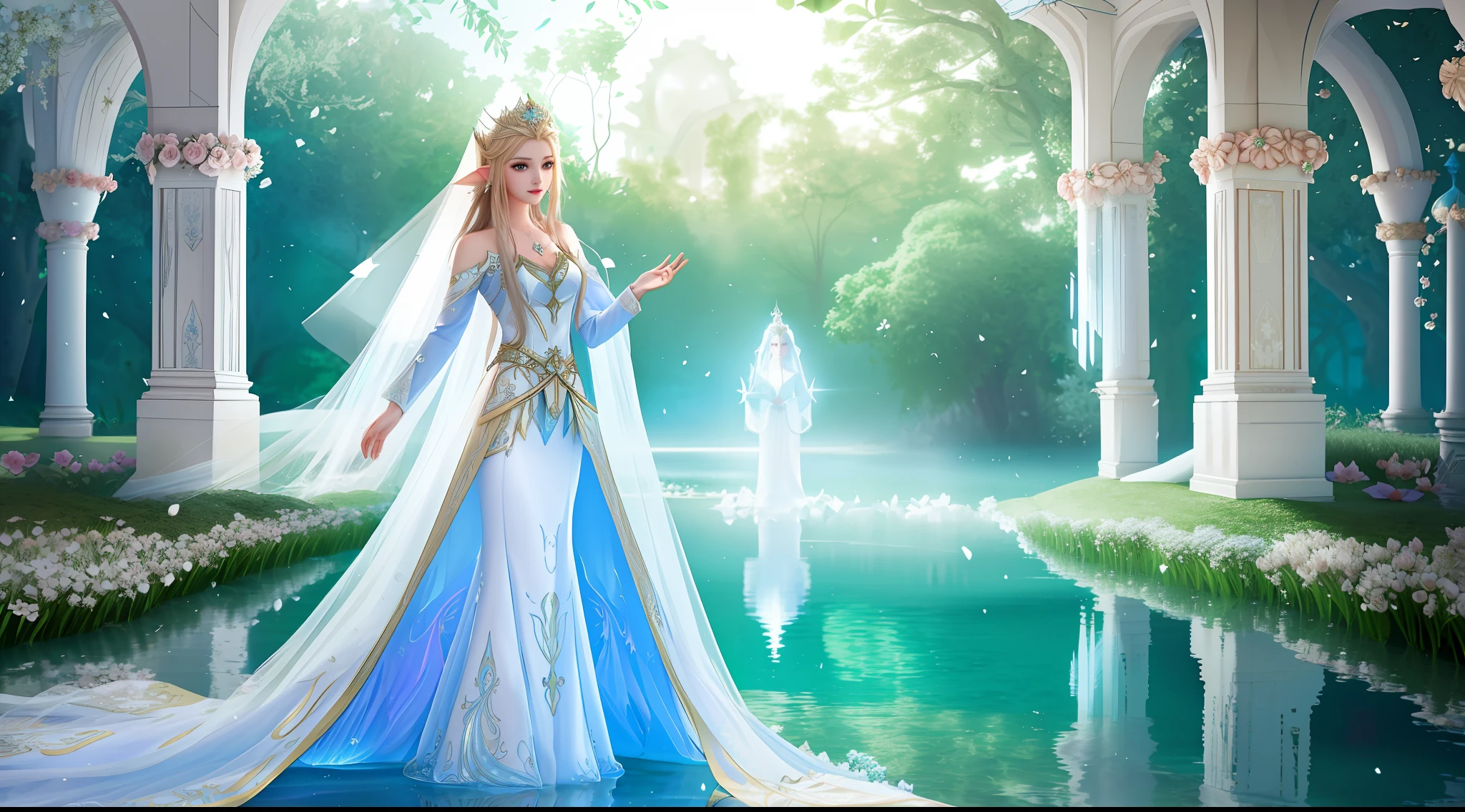 There was a woman in a wedding dress standing in the water, beautiful fantasy maiden, a beautiful fantasy empress, ((a beautiful fantasy empress)), beautiful age girl, Ethereal fantasy, dreamy dress, alluring elf princess knight, ancient white dress, fantasyoutfit, fantasy style clothing, fantasy beautiful, beautiful elven princess, beautiful fantasy art, Fantasy art style, ethereal fairytale