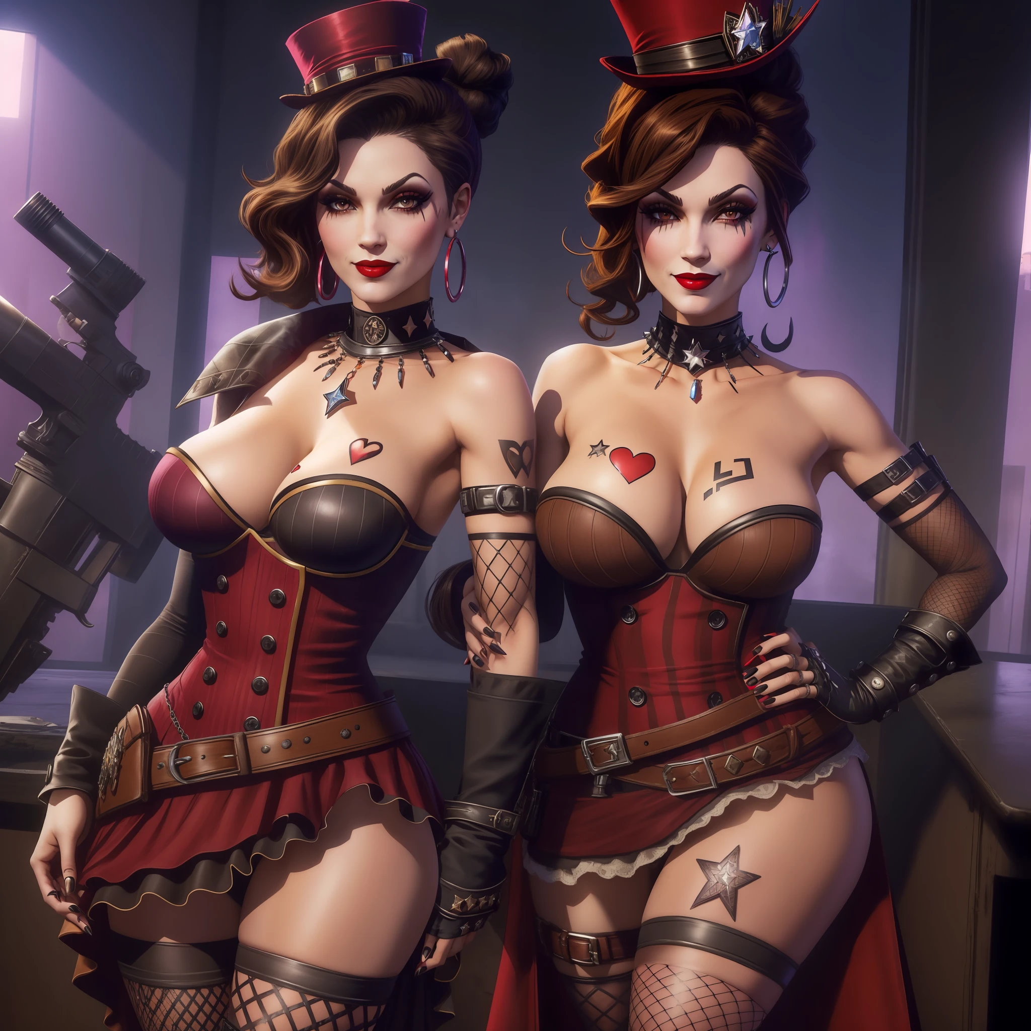 mad moxxi, masterpiece, best quality, 1girl, belt, makeup, red lips, buckle, breasts, loose belt, gloves, weapon, jewelry, heart, breast tattoo, solo, thighhighs, holding, lipstick, night, fingerless gloves, tattoo, belt buckle, bare shoulders, hat, striped, eyeshadow, gun, hand on hip, earrings, tassel, cleavage, hair over one eye, dress, mole, heart tattoo, gem, spikes, cowboy shot, smile, buttons, asymmetrical legwear, nail polish, standing, night sky, looking at viewer, fishnets, torn thighhighs, mole above mouth, large breasts, backlighting, holding weapon, bowler hat, legs together, sky, mismatched legwear, torn clothes, indoors, signature, holster, side slit, bracelet, strapless, handgun, leg tattoo, frills, star \(sky\), parted lips, collar, black nails, pouch, strapless dress, finger on trigger, belt pouch, holding gun, outdoors, black gloves, star \(symbol\), lights, necklace, short hair, eyeliner, multiple belts, flipped hair, top hat, spiked bracelet, detached sleeves, short dress, beltskirt, swept bangs, mascara, pale skin, showgirl skirt, brown hair, double-breasted, lips, elbow gloves, frilled dress, diamond \(shape\), starry sky, english text, spade \(shape\), artist name, spiked collar, body writing, black headwear, brown belt, one eye covered, bangs, detached collar, hand up, hoop earrings, black belt, facial tattoo, bullet, grin, wavy hair, grey eyes, red gemstone, bullet hole, thigh strap, nose, single hair bun, fingernails, red nails, sign, choker, pink lips, red dress, thighs, alternate costume, fishnet thighhighs, mole under mouth, corset, lip piercing, eyelashes, cuffs, light smile, hair bun, money, uneven legwear