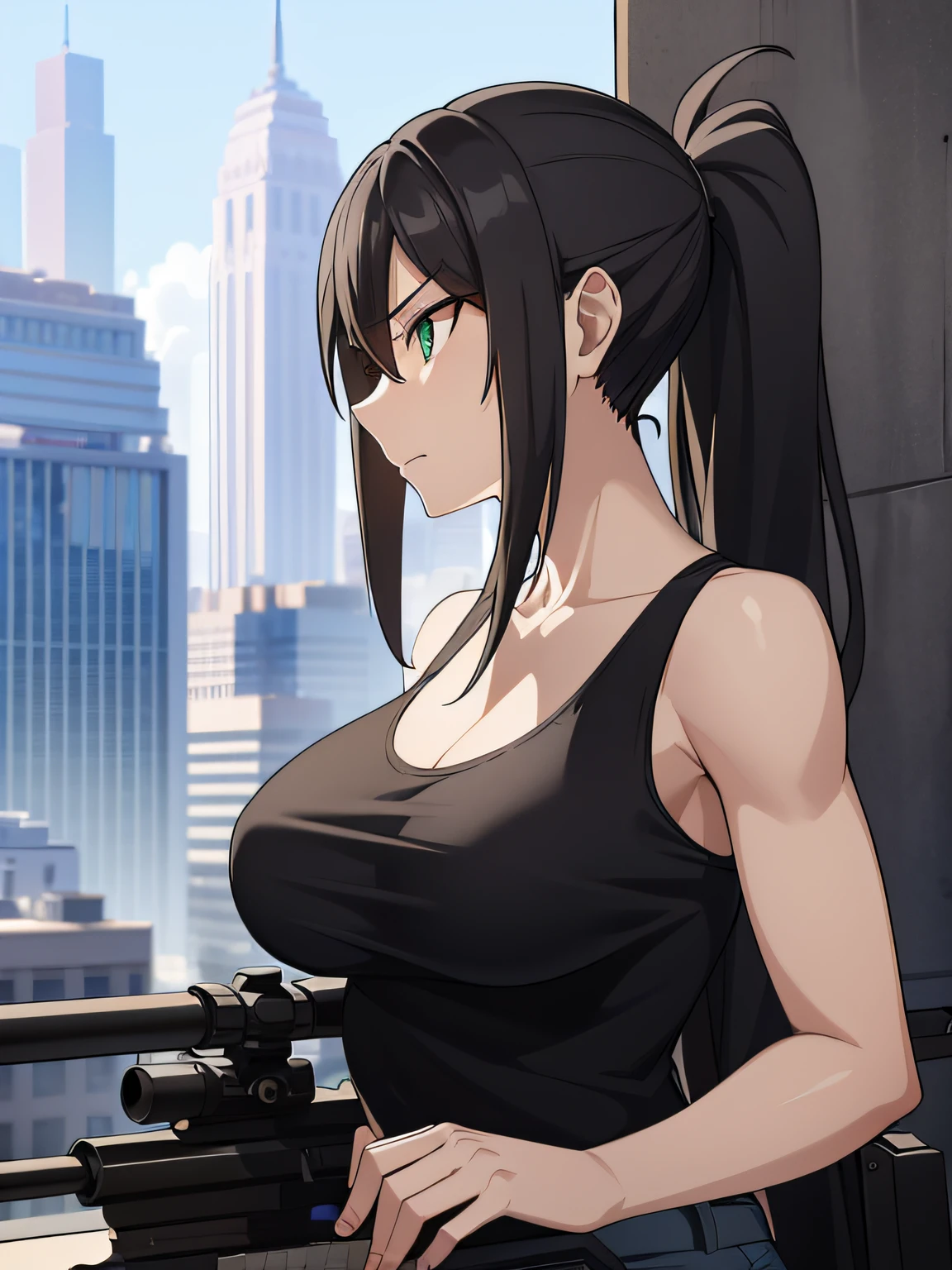 1woman, large chest, long silver hair, high ponytail, sharp green eyes, sniper, black tank top and short denim, aiming 1 sniper rifle with silencer, city daylight, on a rooftop, eye looking in the lens, profile face, absurdres, high res, ultrasharp, 8K, masterpiece