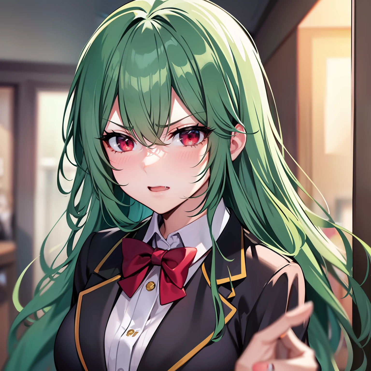 Black blazer, standing, 1 girl, 8k, High Quality, looking at viewer, medium bust, school uniform, chest length hair, light green hair, cold, red eyes, angry