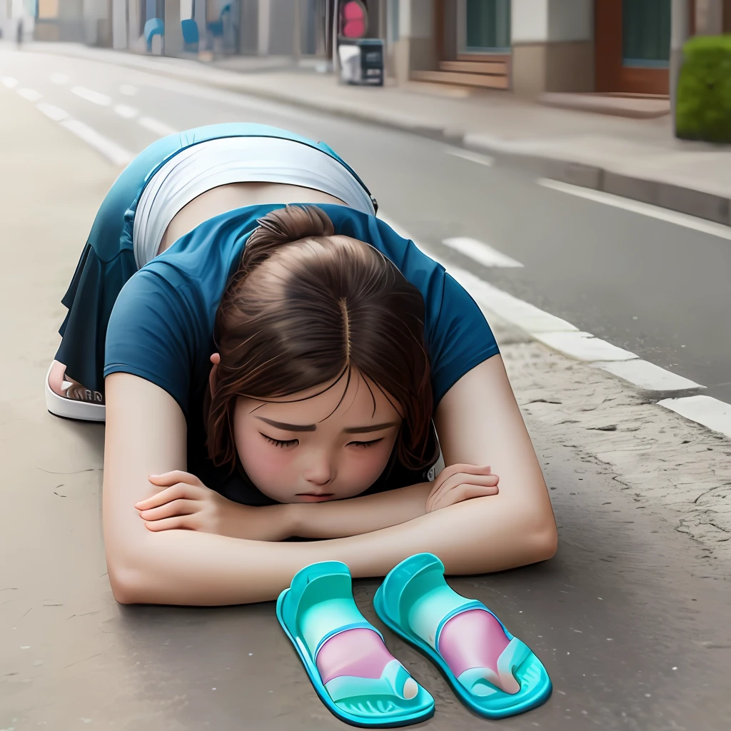 A girl lies face down in the street
Girls should have super high resolution
Wears blue short sleeves，Check skirt
Wear white socks on your feet，White beach sandals
Natural light
Highly realistic