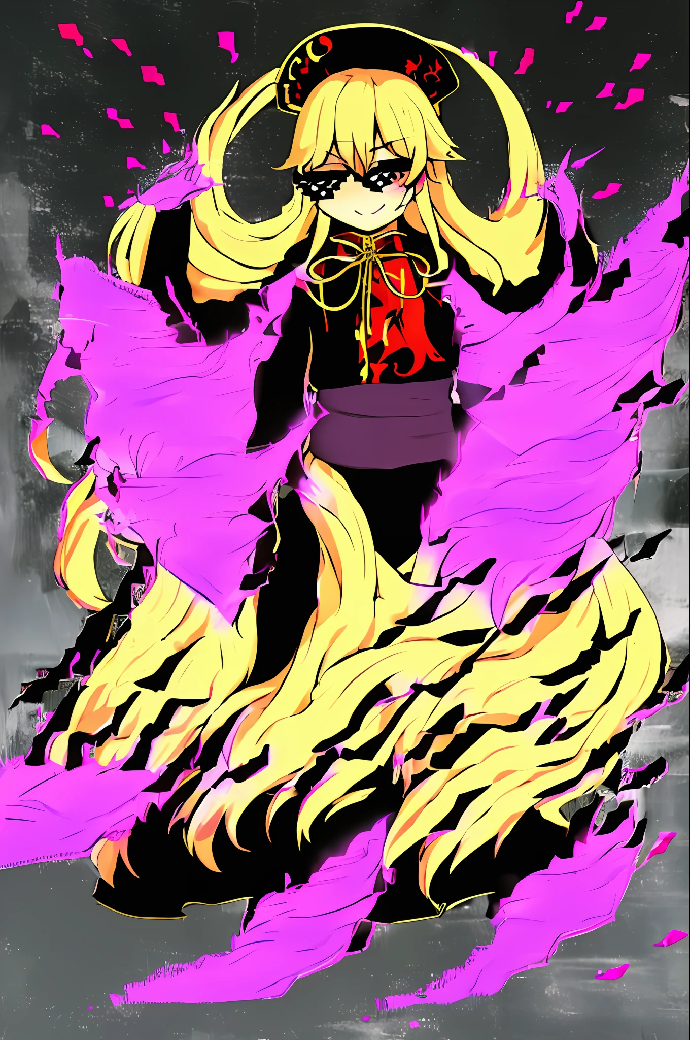 1girl, solo, junko \(touhou\), long hair, blonde hair, red eyes, black headwear, black dress, long sleeves, tabard, smile, looking at viewer, standing, spread arms, spectral tails, purple fire, space, stars DealWithIt