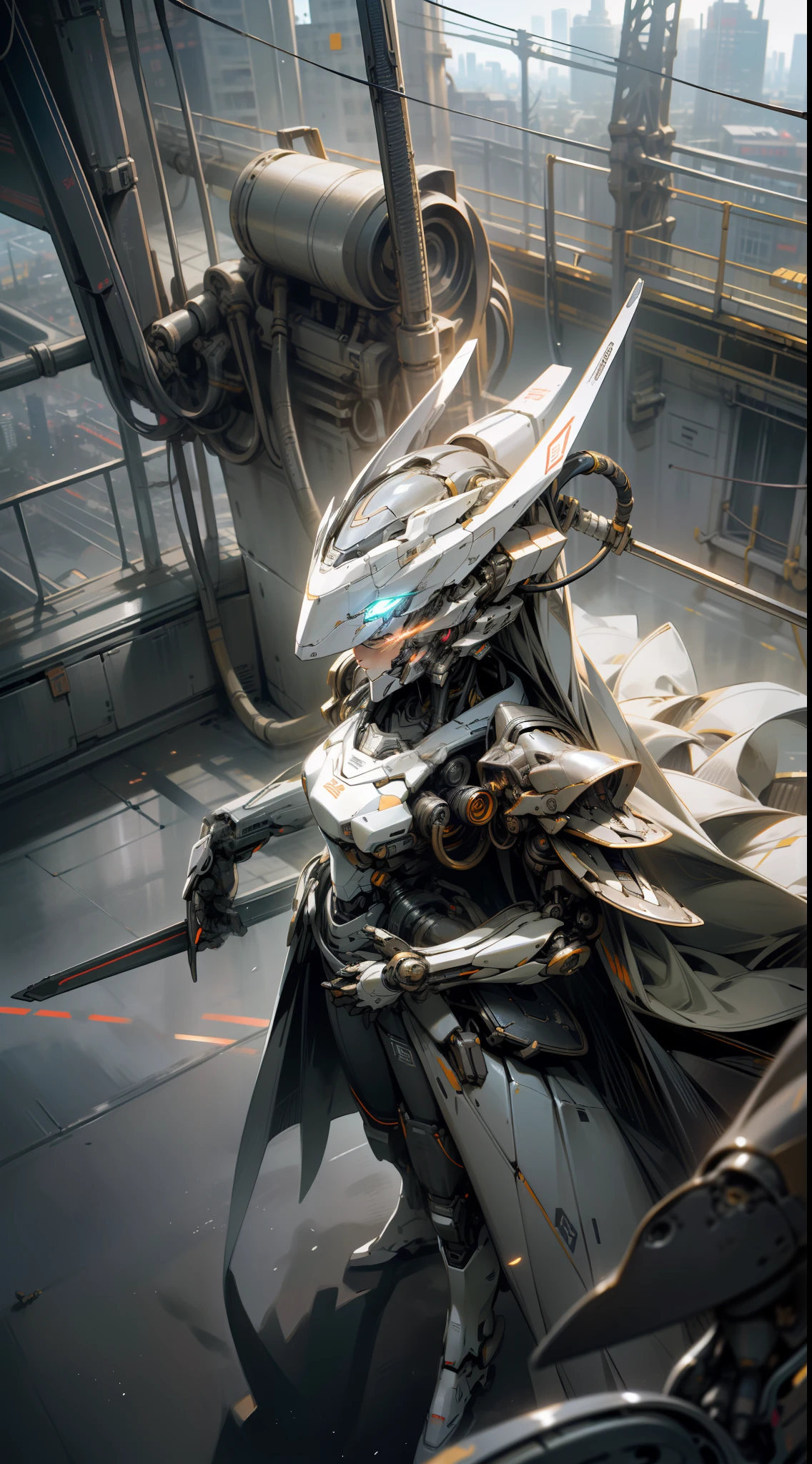 sky, cloud, holding_weapon, no_humans, glowing, , robot, building, glowing_eyes, mecha, science_fiction, city, realistic,mecha,sky, cloud, holding_weapon, no_humans, glowing, , robot, building, glowing_eyes, mecha, science_fiction, city, realistic,mecha,extremely delicate and beautiful, Amazing, finely detail, masterpiece, ultra-detailed, highres,best illustration, best shadow,intricate,depth of field,(dramatic lighting:1.4),(from above:1.2),sharp focus, volumetric fog, 8k UHD, DSLR, high quality,( film grain:1.4), Fujifilm XT3,full body,A beautiful young woman wearing black trench coat, half human half robot face, ((1 robot,1 robot,Mechanical costalis,Mechanical spine))|Monotonous metallic color,Metal has no color, robot no color,robot girl,metallic mixture,cyborg girl)),looking at viewer, facing front, fighting stance (Cable:1.2),(Transmission tube:1.2),(Machine eye:1.3),((Mechanical part connection)),((both arms)|(complex mechanical component:1.2~1.6)),((costalis)|(robot joints:1.2~1.6)), ,streamlinerai mecha,(lightsaber),earth,milky_way,starry,water,((armor)),water,wave