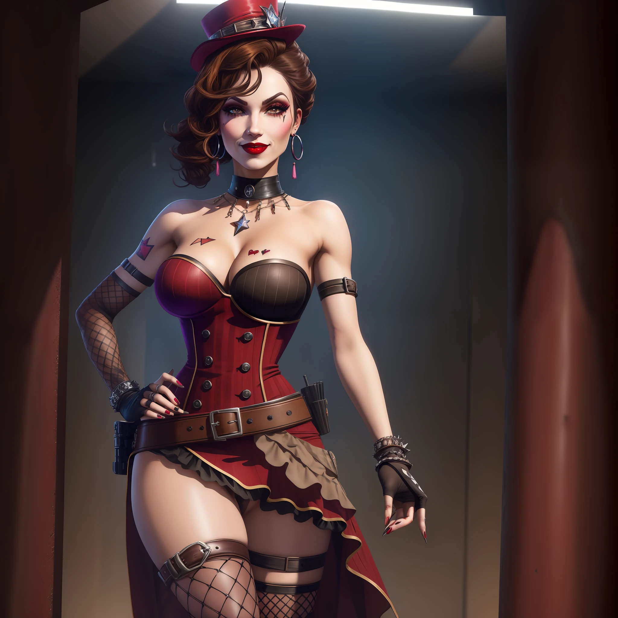 mad moxxi, masterpiece, best quality, 1girl, belt, makeup, red lips, buckle, breasts, loose belt, gloves, weapon, jewelry, heart, breast tattoo, solo, thighhighs, holding, lipstick, night, fingerless gloves, tattoo, belt buckle, bare shoulders, hat, striped, eyeshadow, gun, hand on hip, earrings, tassel, cleavage, hair over one eye, dress, mole, heart tattoo, gem, spikes, cowboy shot, smile, buttons, asymmetrical legwear, nail polish, standing, night sky, looking at viewer, fishnets, torn thighhighs, mole above mouth, large breasts, backlighting, holding weapon, bowler hat, legs together, sky, mismatched legwear, torn clothes, indoors, signature, holster, side slit, bracelet, strapless, handgun, leg tattoo, frills, star \(sky\), parted lips, collar, black nails, pouch, strapless dress, finger on trigger, belt pouch, holding gun, outdoors, black gloves, star \(symbol\), lights, necklace, short hair, eyeliner, multiple belts, flipped hair, top hat, spiked bracelet, detached sleeves, short dress, beltskirt, swept bangs, mascara, pale skin, showgirl skirt, brown hair, double-breasted, lips, elbow gloves, frilled dress, diamond \(shape\), starry sky, english text, spade \(shape\), artist name, spiked collar, body writing, black headwear, brown belt, one eye covered, bangs, detached collar, hand up, hoop earrings, black belt, facial tattoo, bullet, grin, wavy hair, grey eyes, red gemstone, bullet hole, thigh strap, nose, single hair bun, fingernails, red nails, sign, choker, pink lips, red dress, thighs, alternate costume, fishnet thighhighs, mole under mouth, corset, lip piercing, eyelashes, cuffs, light smile, hair bun, money, uneven legwear