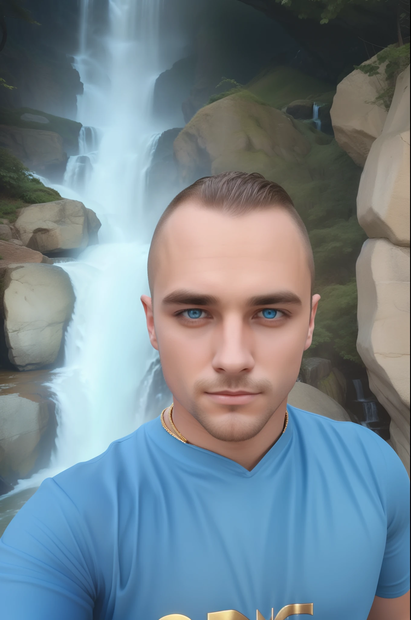 science-fiction_v2, a portrait of a young man, The eyes are blue, Hair is very short, muscular, Extremely beautiful and attractive European male model, Against the backdrop of a waterfall, colorful clothes and gold jewelry, a closeup of a, Regal posture and attitude. cinema_v2.