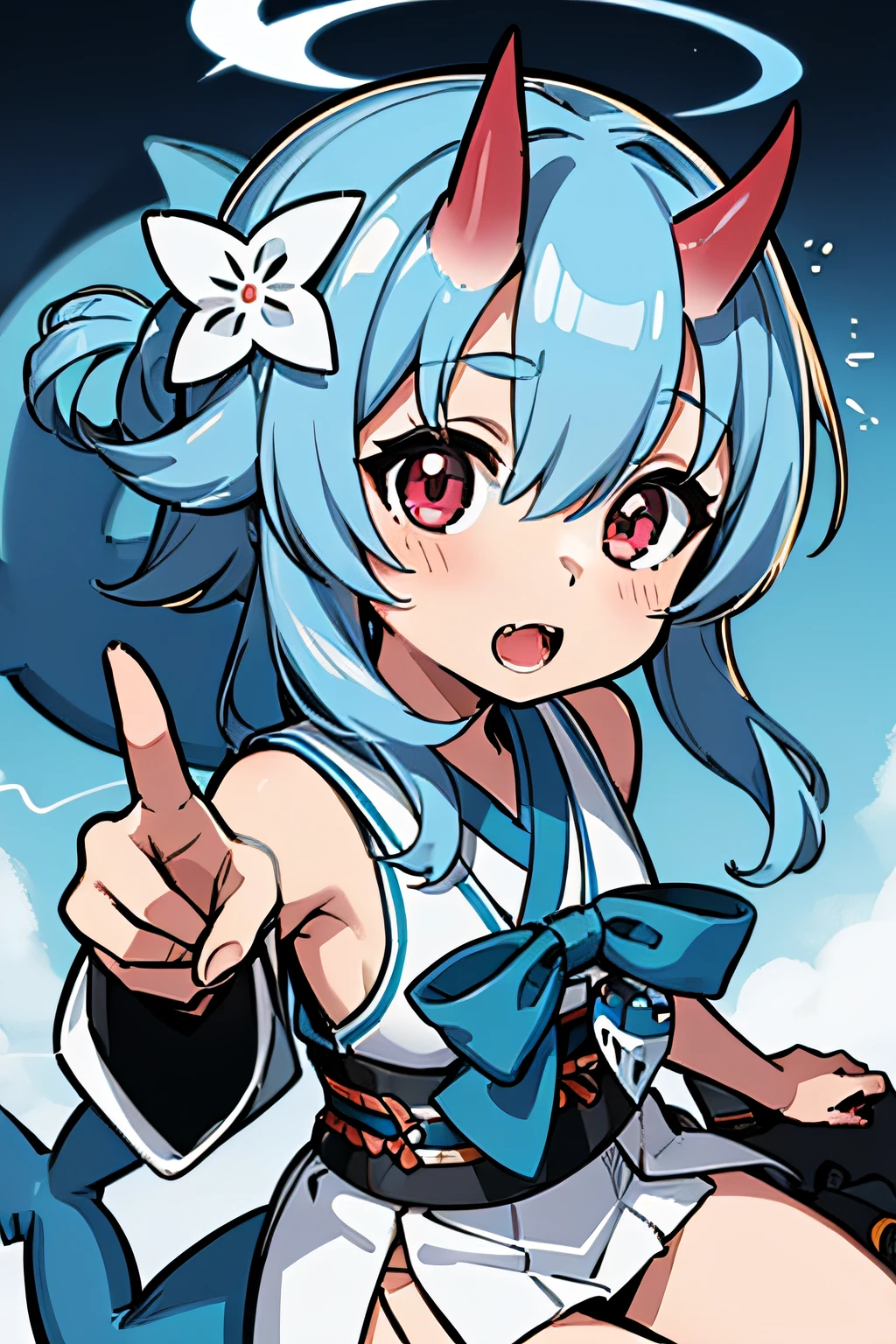 (Chibi,Extreme close-up,Foreground,Dynamic Angle,shark costume,:1.2),Illustration,chisedef,Halo,cute little,hair between eye,,Wind,Dynamic Pose,A Japanese style,