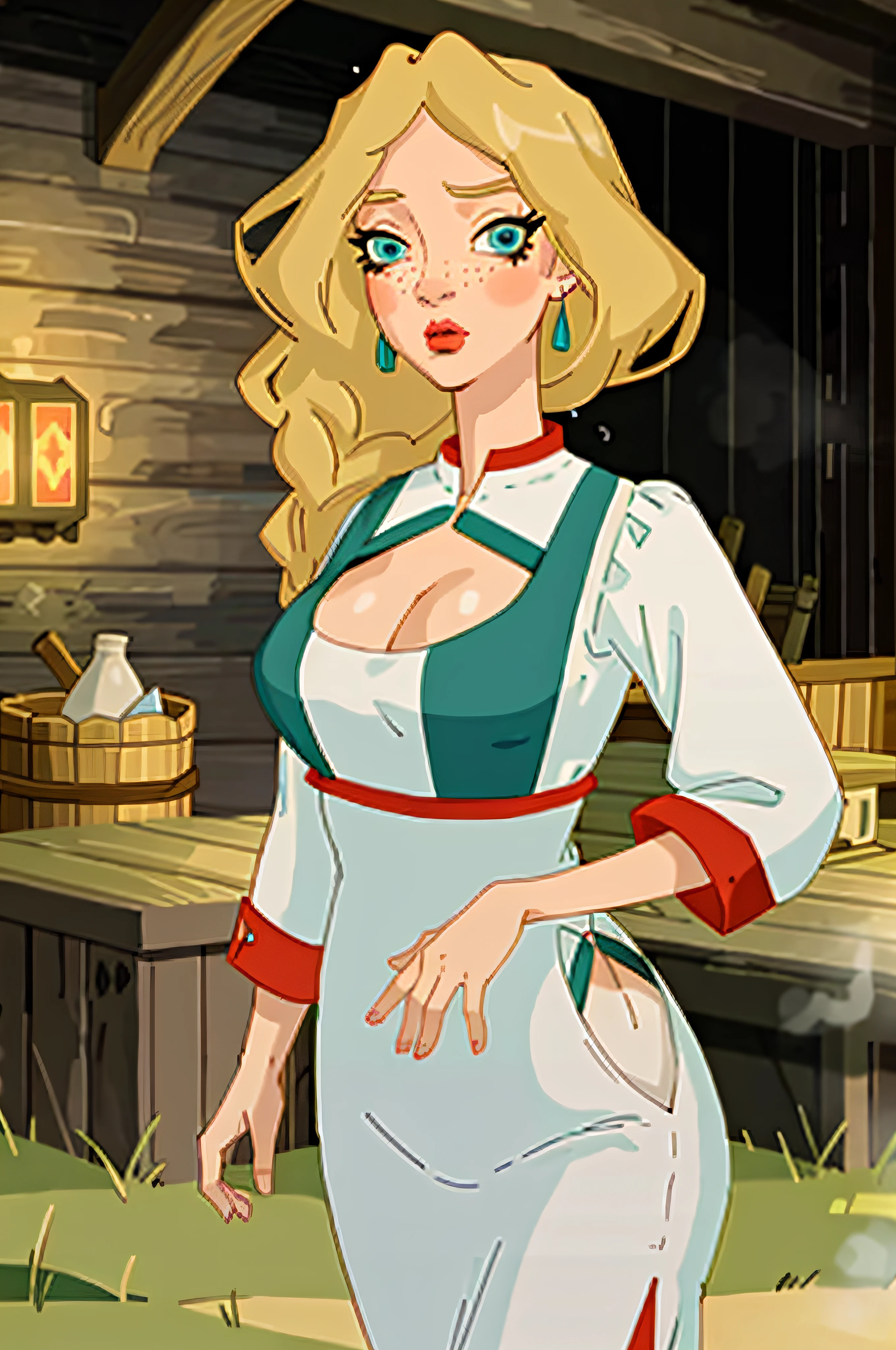 (masterpiece, best quality, 1girl:1.2, solo:1.3, illustration), nastasya, makeup, lipstick, freckles, red lips, long braid, blond hair, turquoise eyes, cowboy shot, looking at viewer, droplets of sweat, sauna, cleavage, flirting, modest, large breasts, large hips,