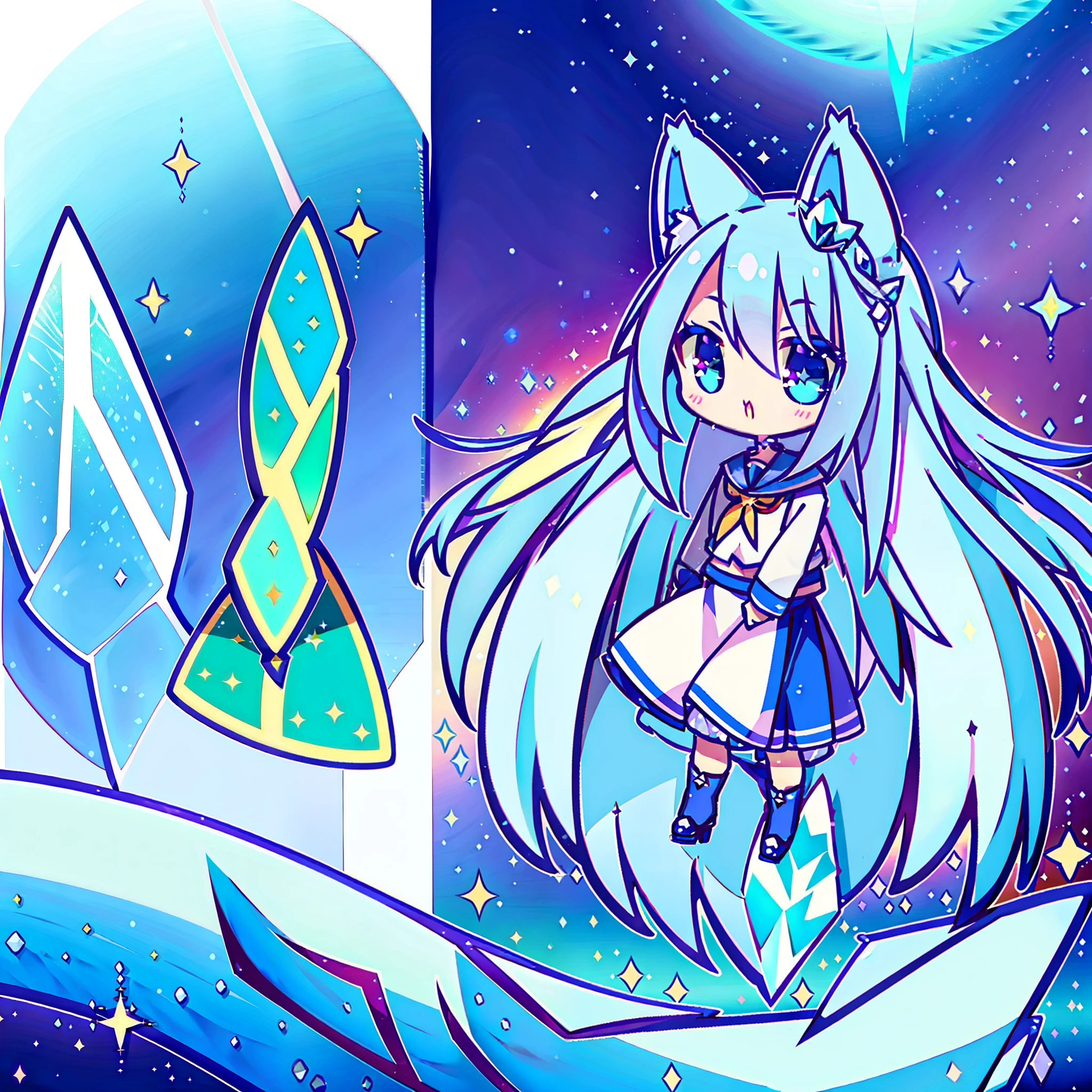 whaite hair,Wolf tail,Wolf ears,long whitr hair,a skirt,Ice properties,Ice crystals,cleats,Floating ice crystals,Cool colors,Frost Sword,Ice Crystal Crown,As estrelas,long skirt,wings