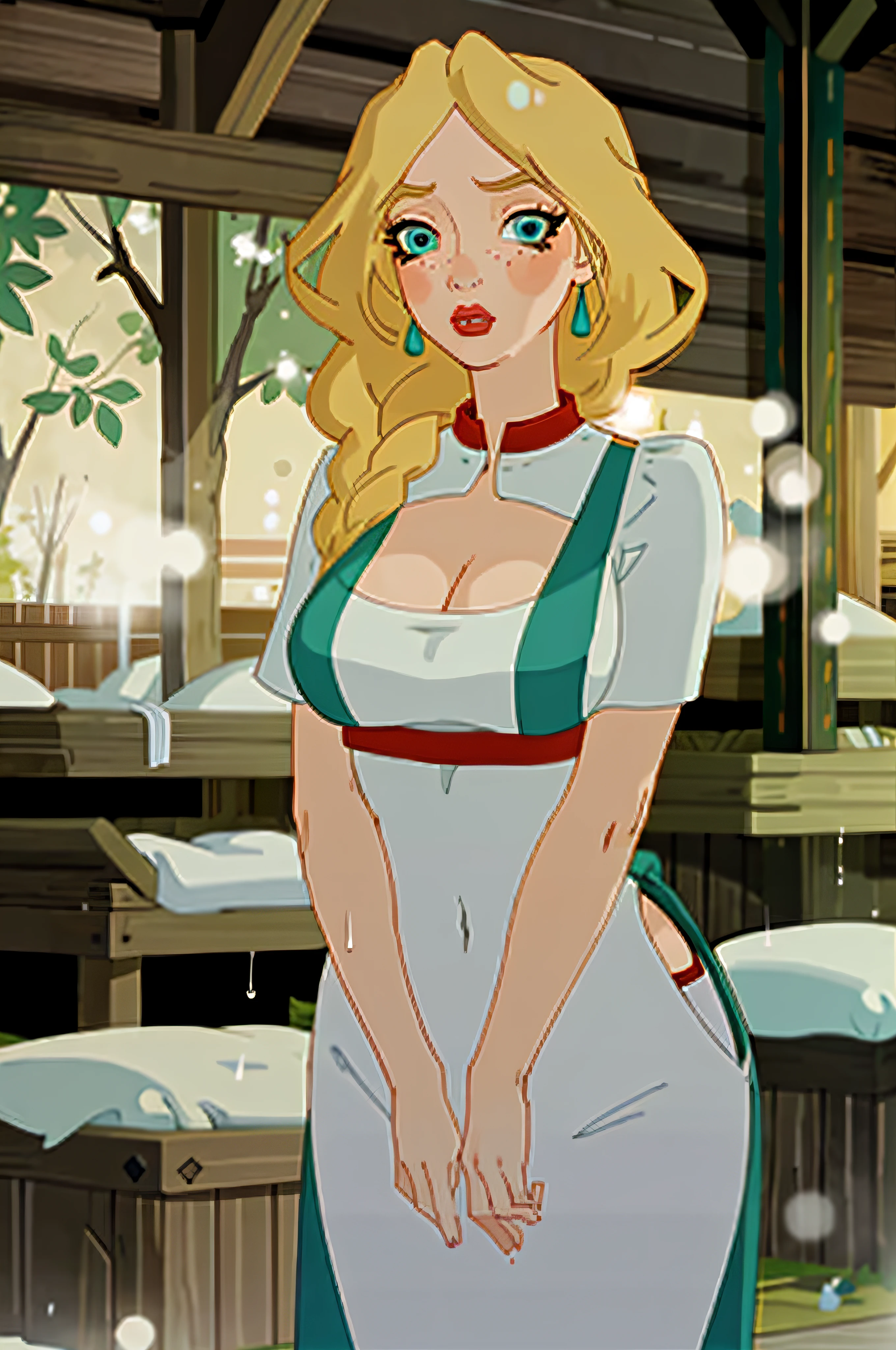 (masterpiece, best quality, 1girl:1.2, solo:1.3, illustration), nastasya, makeup, lipstick, freckles, red lips, long braid, blond hair, turquoise eyes, cowboy shot, looking at viewer, droplets of sweat, sauna, cleavage, flirting, modest, large breasts, large hips,